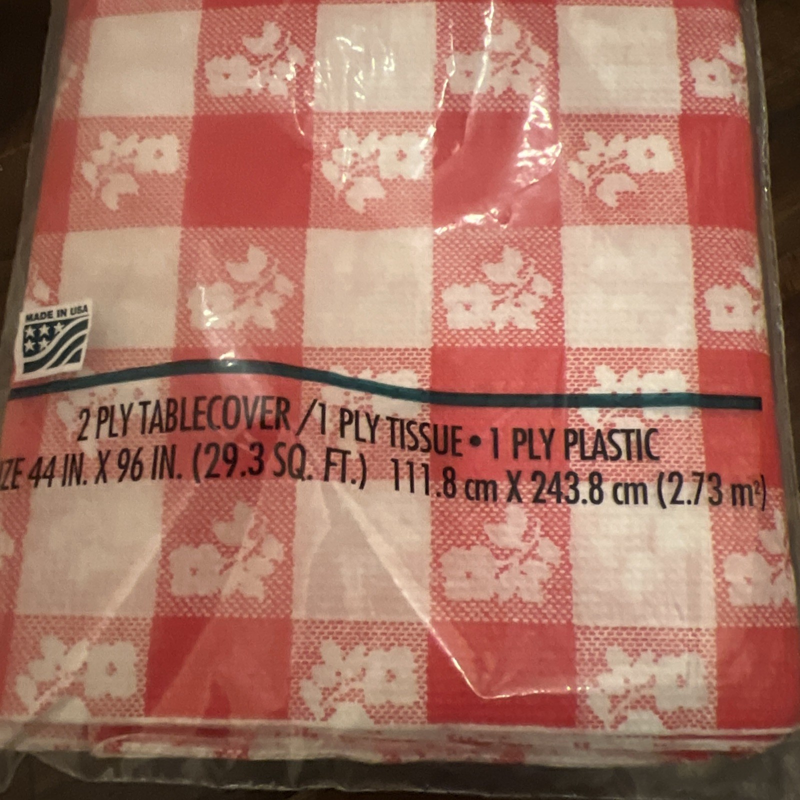 Vtg Picnic Table Cover Tablecloth Gingham Check Paper Tissue Plastic Red USA