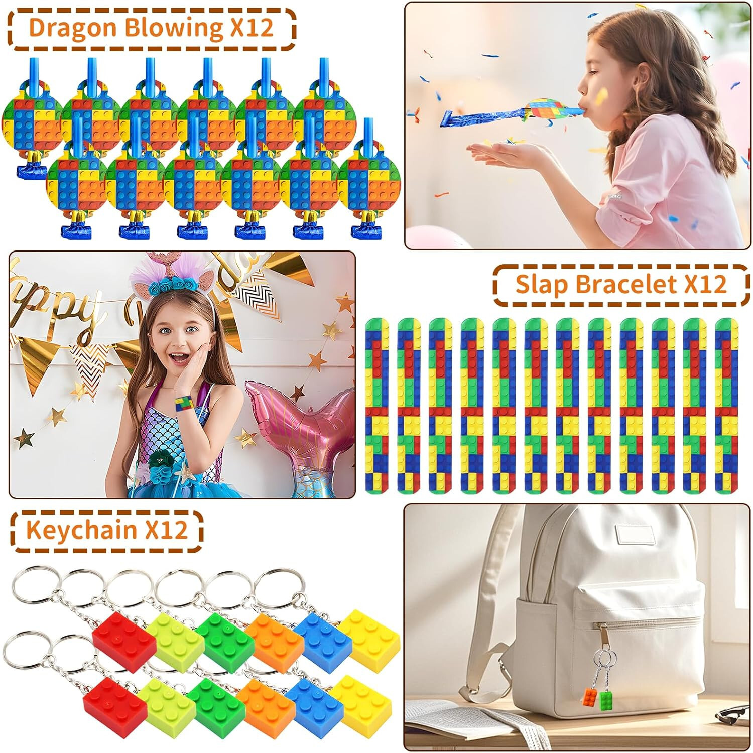 KIds Party Favor Set for 12, Ages 6-12, Building Blocks Theme Favors, 12 Sets