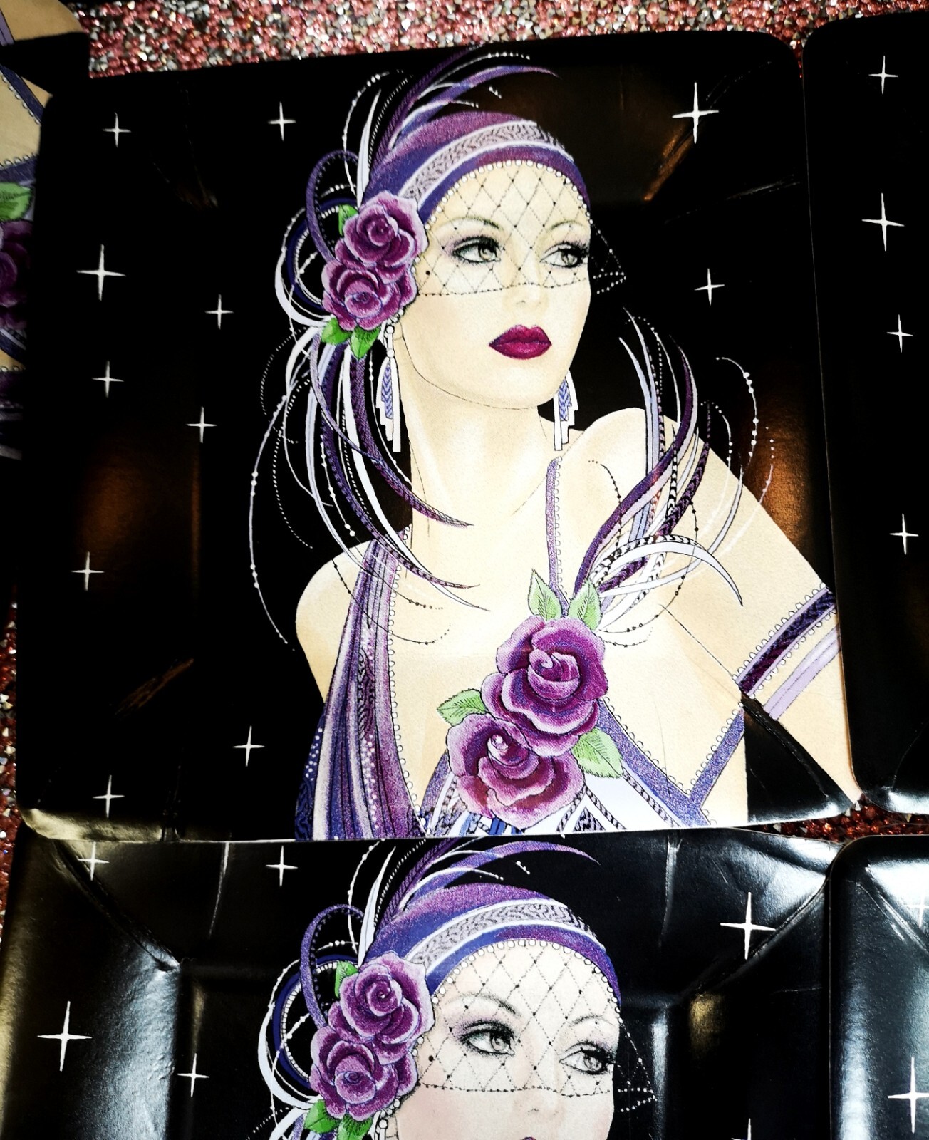 SET of 8 ART DECO LADY Party Plates CARDBOARD Shiny. 7 ” Squares. SEE PHOTOS.