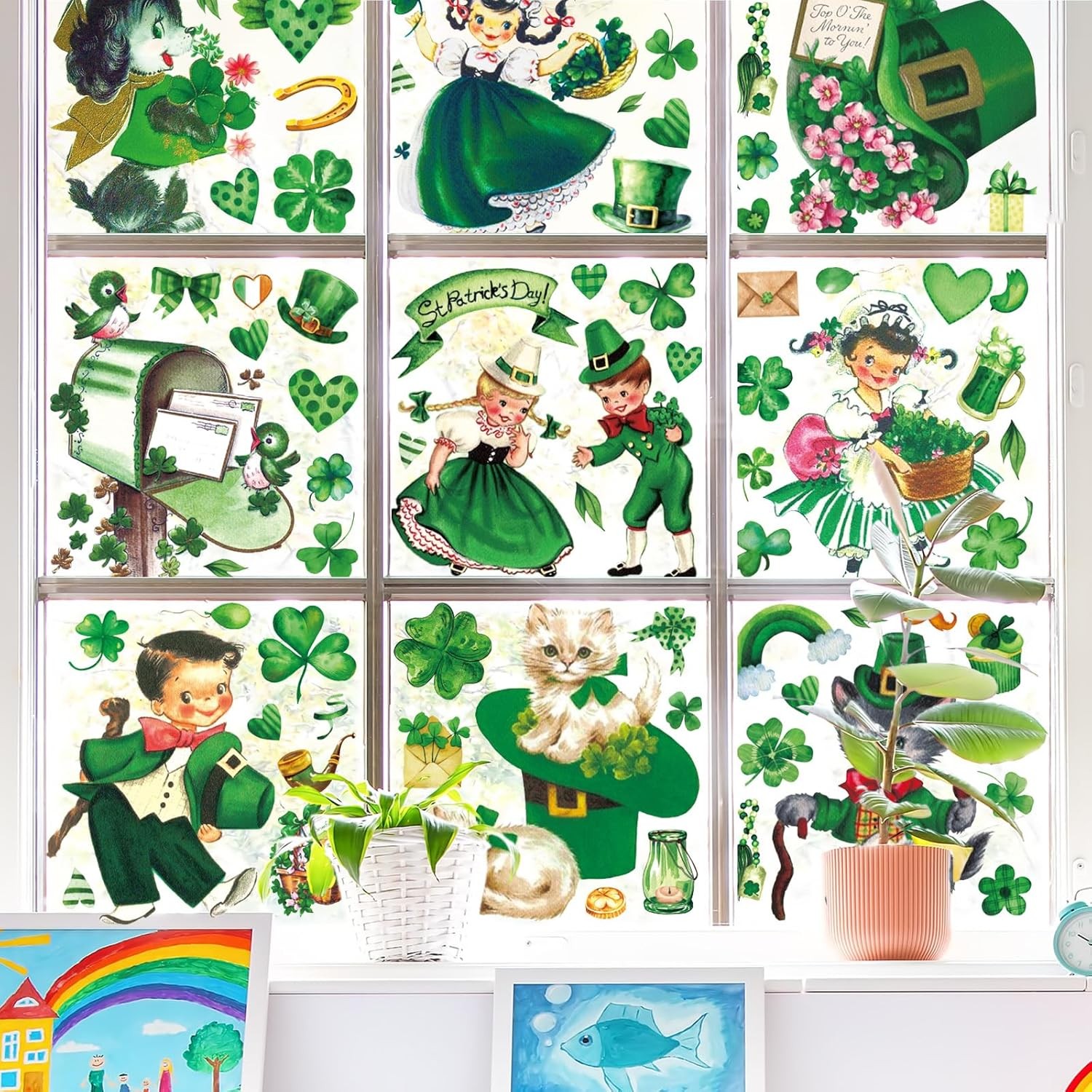 9 Sheets Vintage St. Patrick’s Day Window Cling Stickers Watercolor Retro Sham