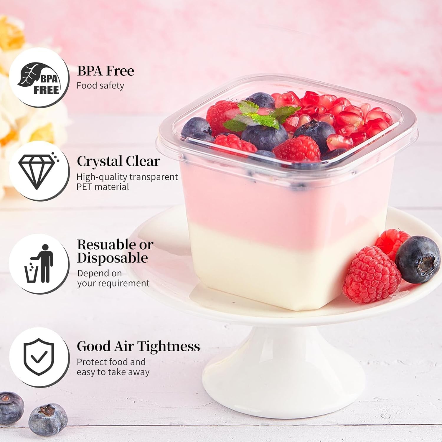 Square Clear Plastic Dessert Parfait Cake Cups Lids Sporks 12 Oz 100 PCS