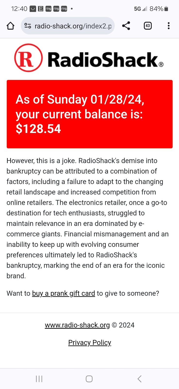 (4) Radio Shack Prank Gag Gift Card – Birthday Christmas Graduation Gag FUNNY