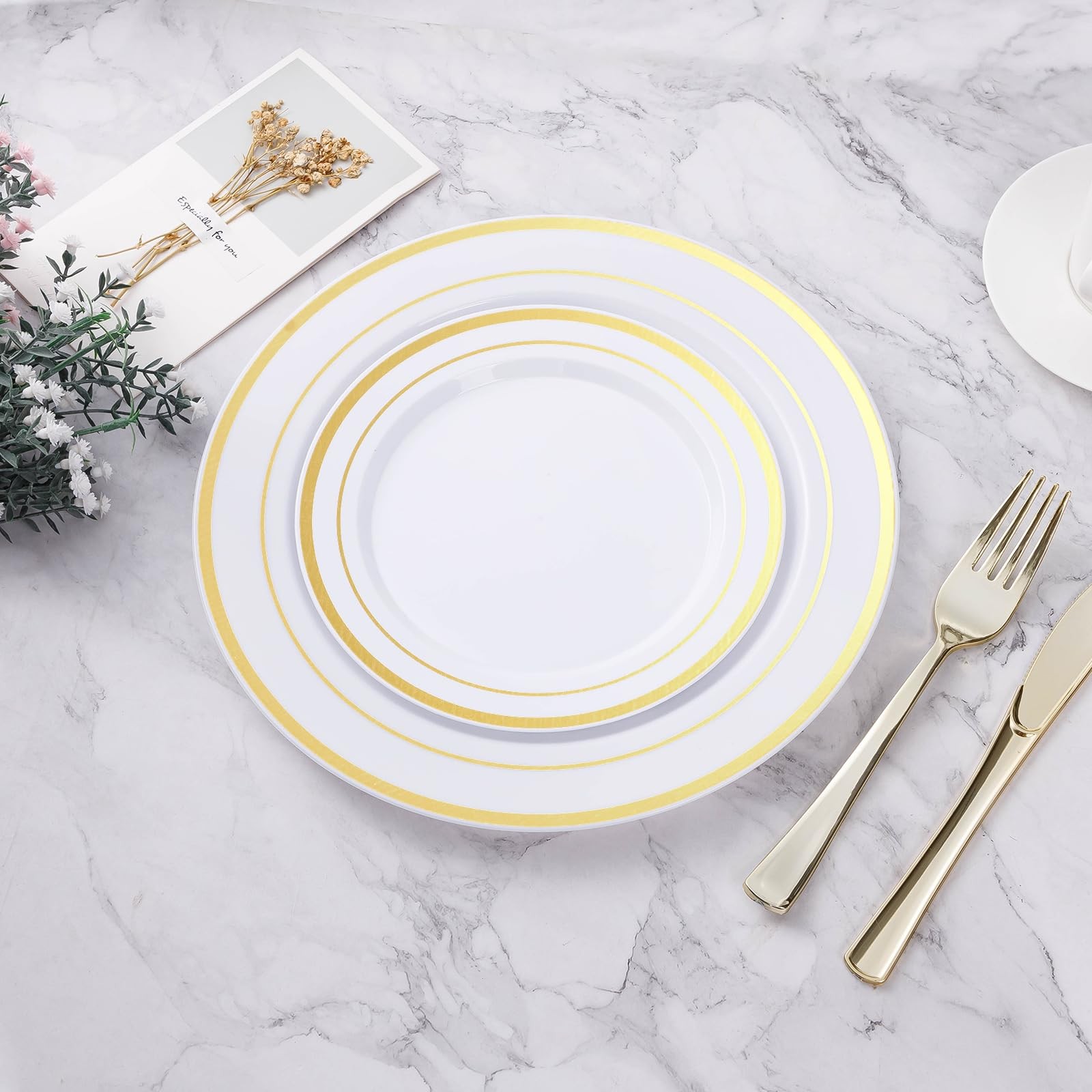 100PCS Gold Plastic Plate, 7 Inch Disposable Dessert Plate Party with Gold Ri…