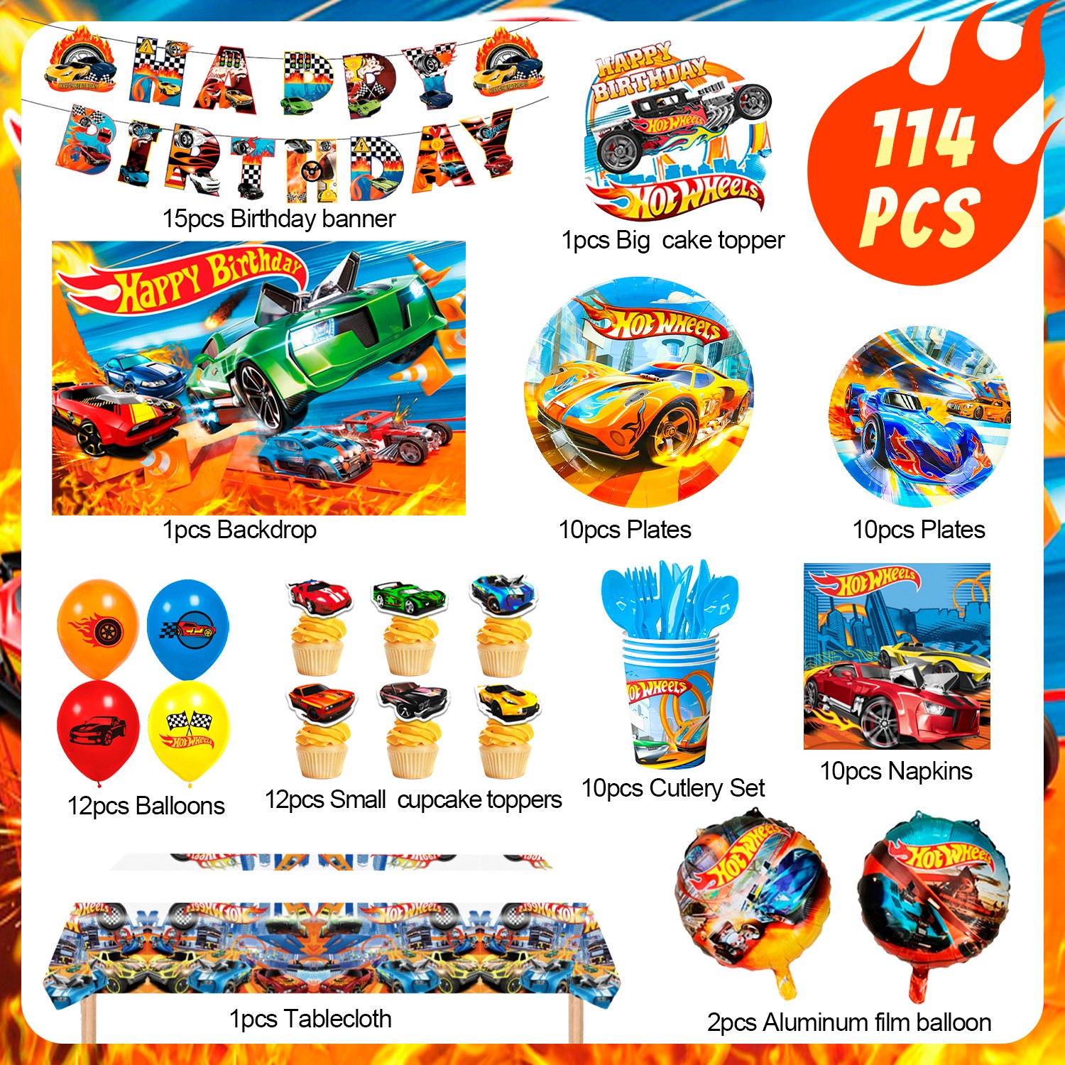 114 Pcs Hot Wheels Party Decorations Car Party Supplies Balloons Tableware Cups