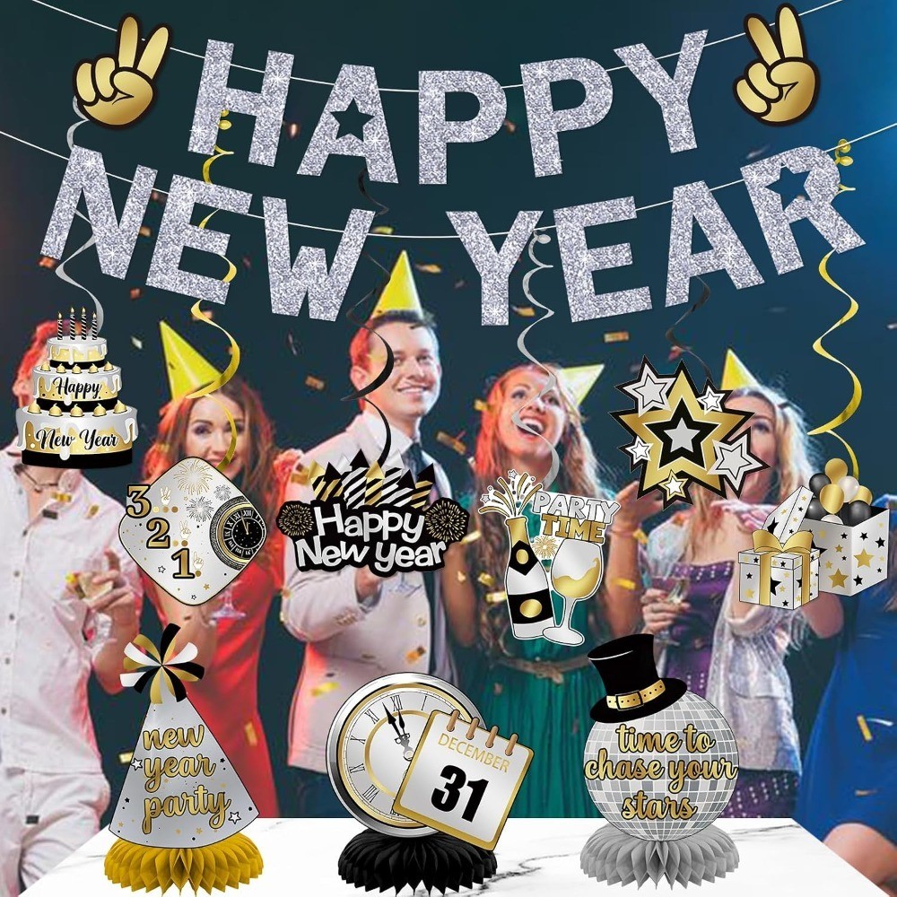Happy New Year Banner Silver: Glitter New Years Eve Party Supplies 2026 Happy