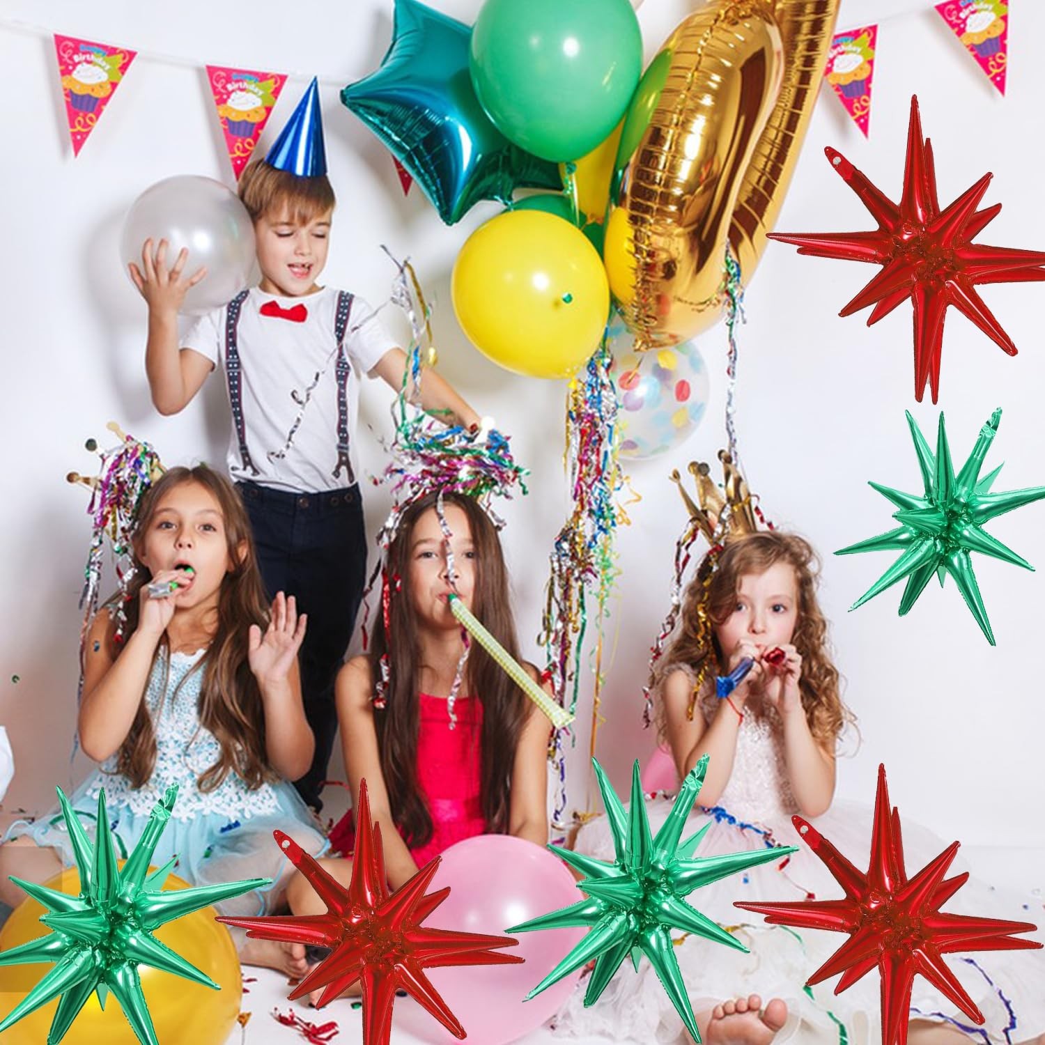 6 Pcs Star Foil Balloons OnePiece 14Pointed Star Balloon 4D Starburst Cone My…