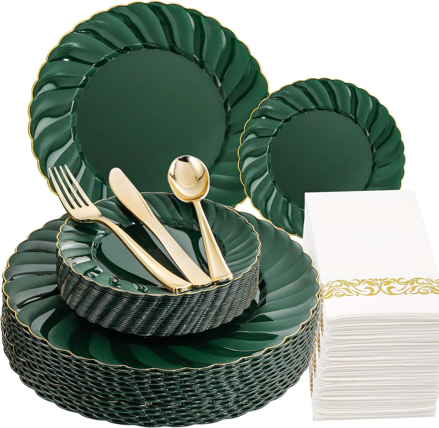 150PCS Emerald Green Plastic Plates – Green and Gold Disposable Dinnerware Inclu