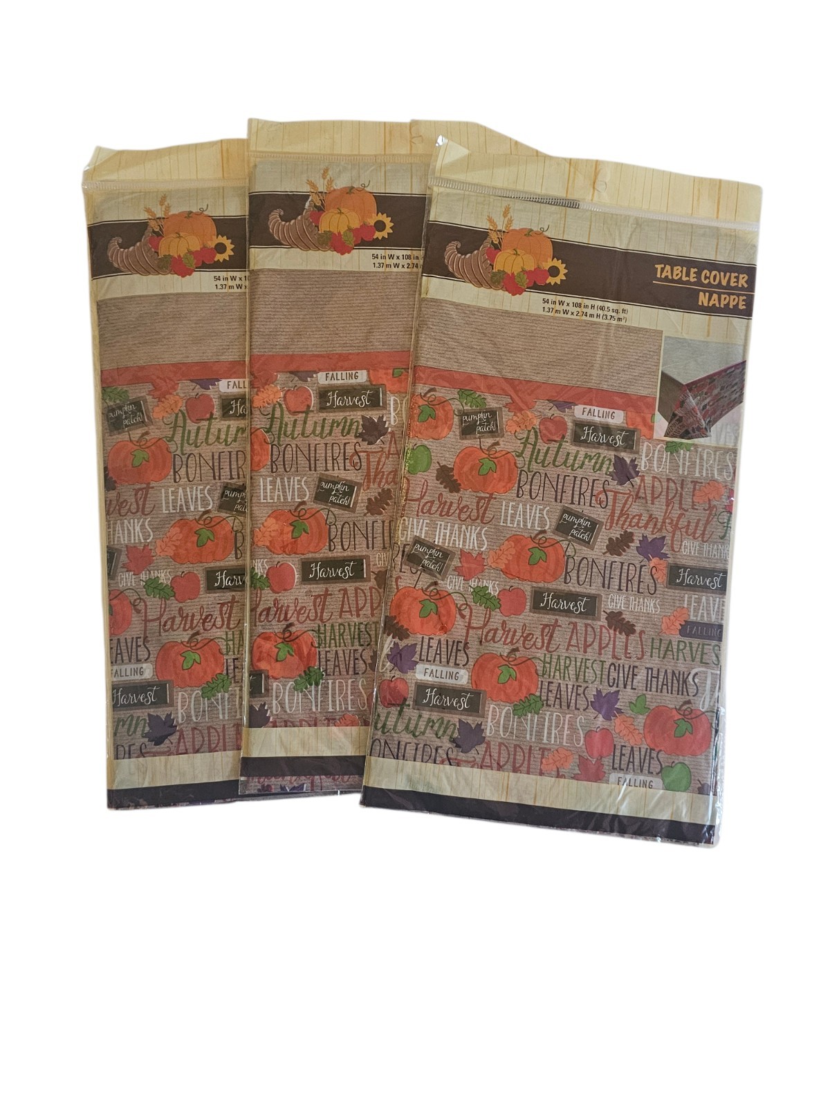 Lot 3 Thanksgiving Plastic Table Cloth Nappe Rectangle 54″ x 108″ Autumn Pumpkin