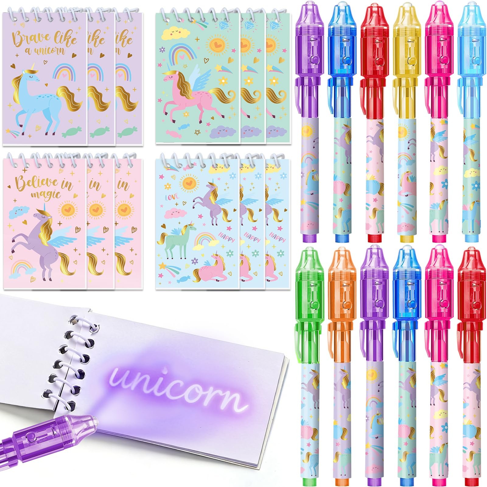 Invisible Ink Pen and Notebook Pack, 24 Pcs Unicorn Party Favors, Spy Pens wi…