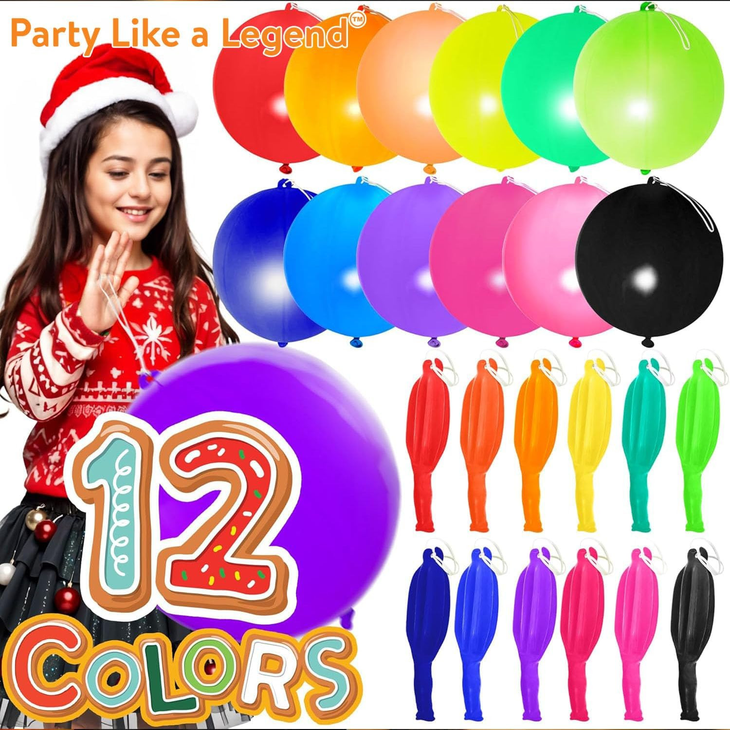 30Pcs Premium 18 Inches Heavy Duty Punch Balloons with Rubber Bands, 12 Colors,