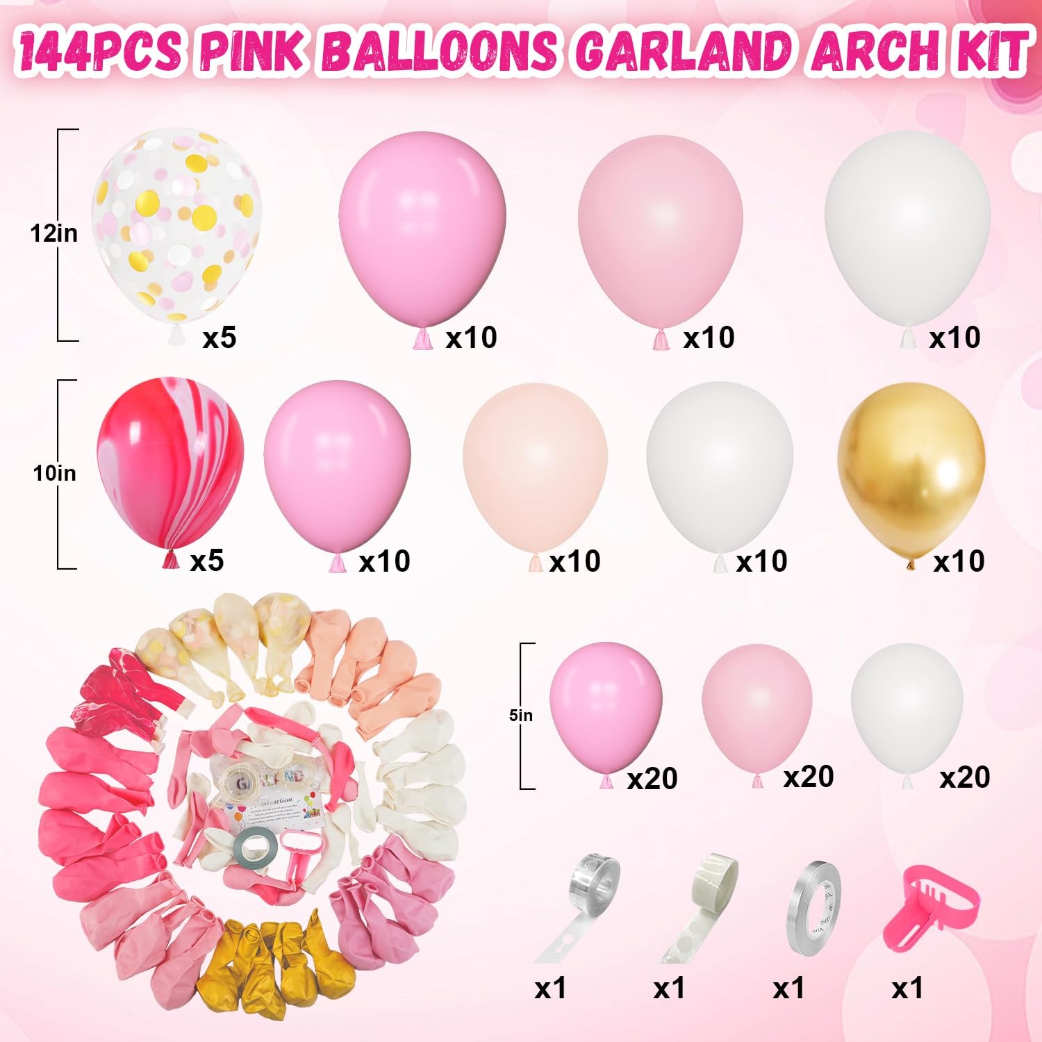 144Pcs Pink Balloons Garland Arch Kit Light Pink Gold White Confetti Latex Me…