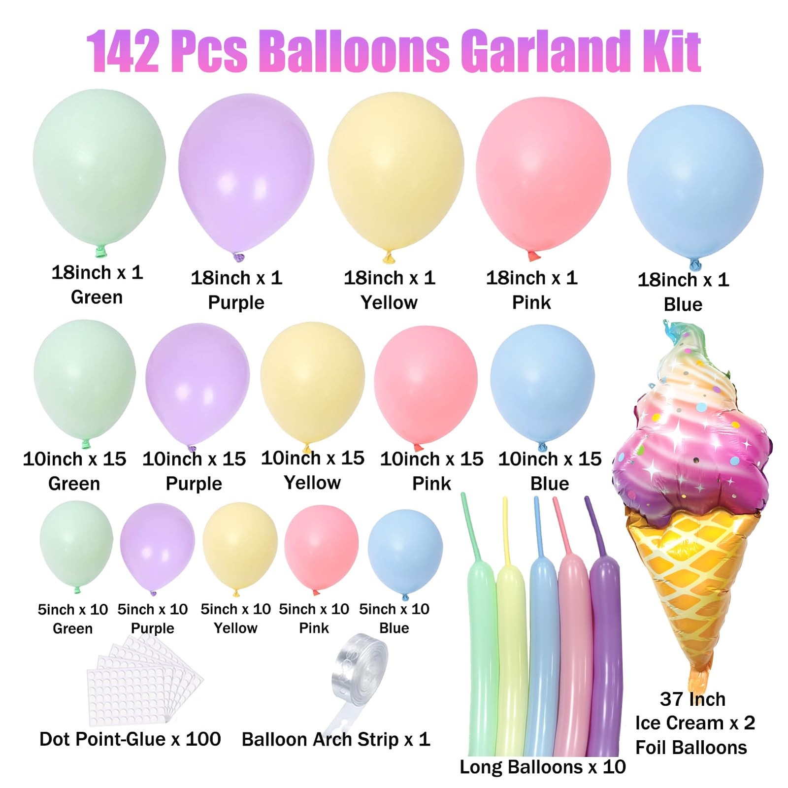 Ice Cream Balloon Arch Kit – 142pcs Pastel Balloon Garland Set with 37″ Ice C…