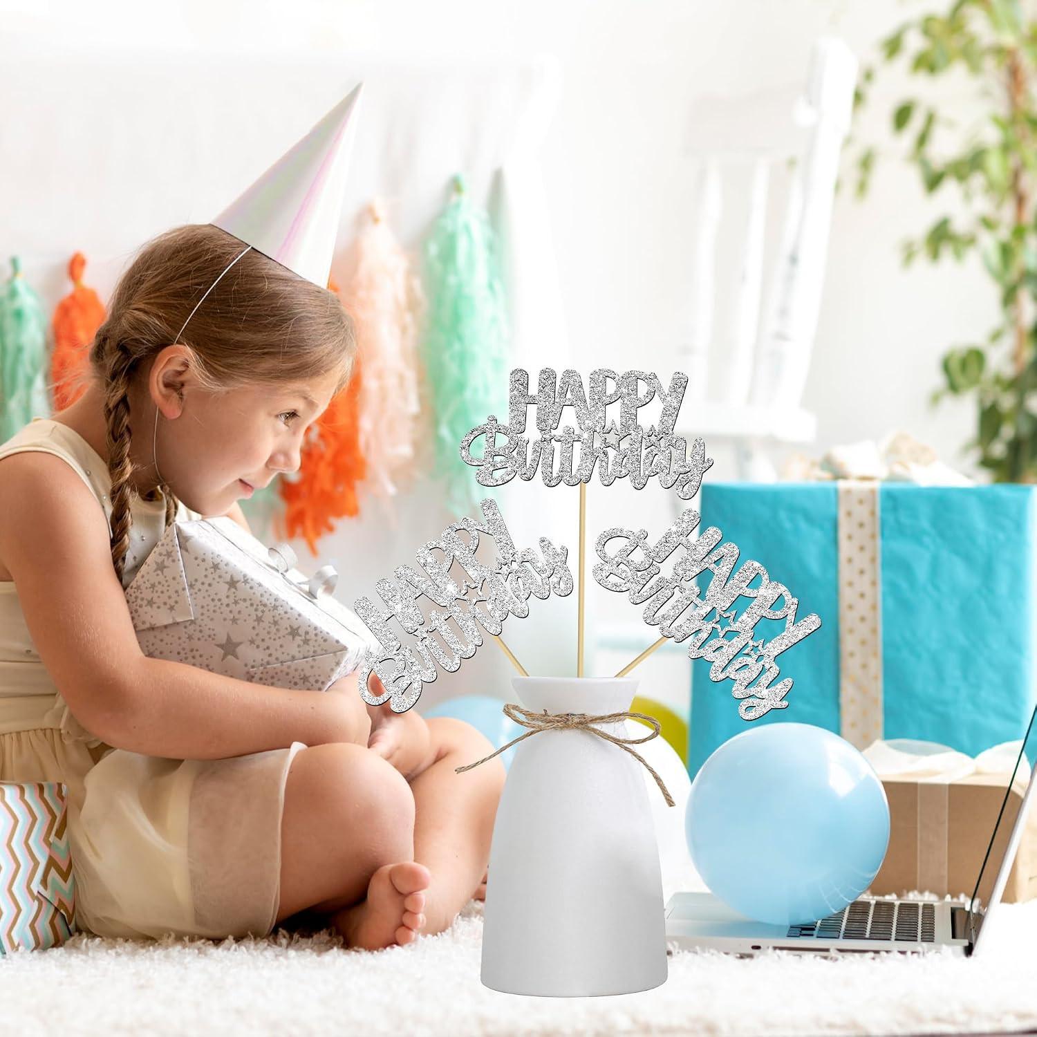 Glitter Silver Birthday Centerpiece Sticks 12PCS Happy Birthday Party Table Deco
