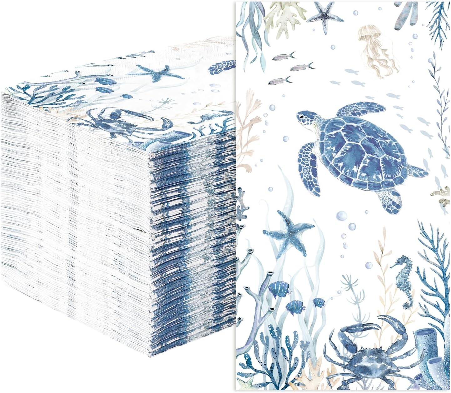 100Pcs Coastal Turtle Paper Napkins 3 Ply Blue Ocean Sea Turtles Disposable Abso