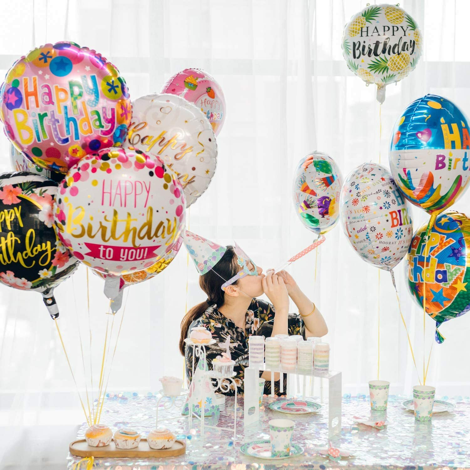 Happy Birthday mylar Foil Balloons (50-Pieces) with 100 Meter Ribbons 18 inch
