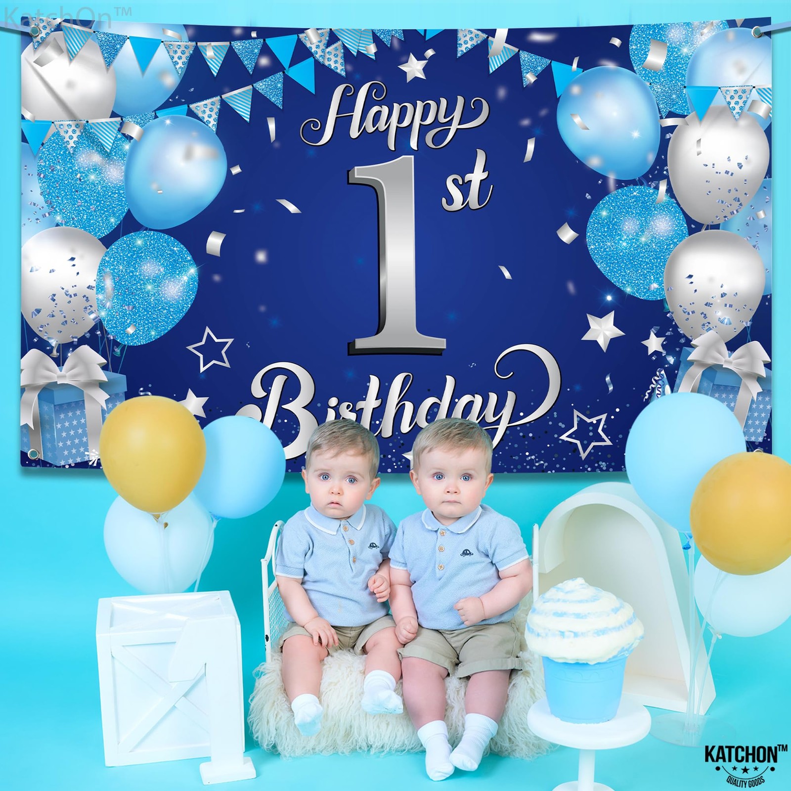 Happy 1st Birthday Banner Boy – 72×44 Inch, Xtralarge | Blue and Silver 1st Bir