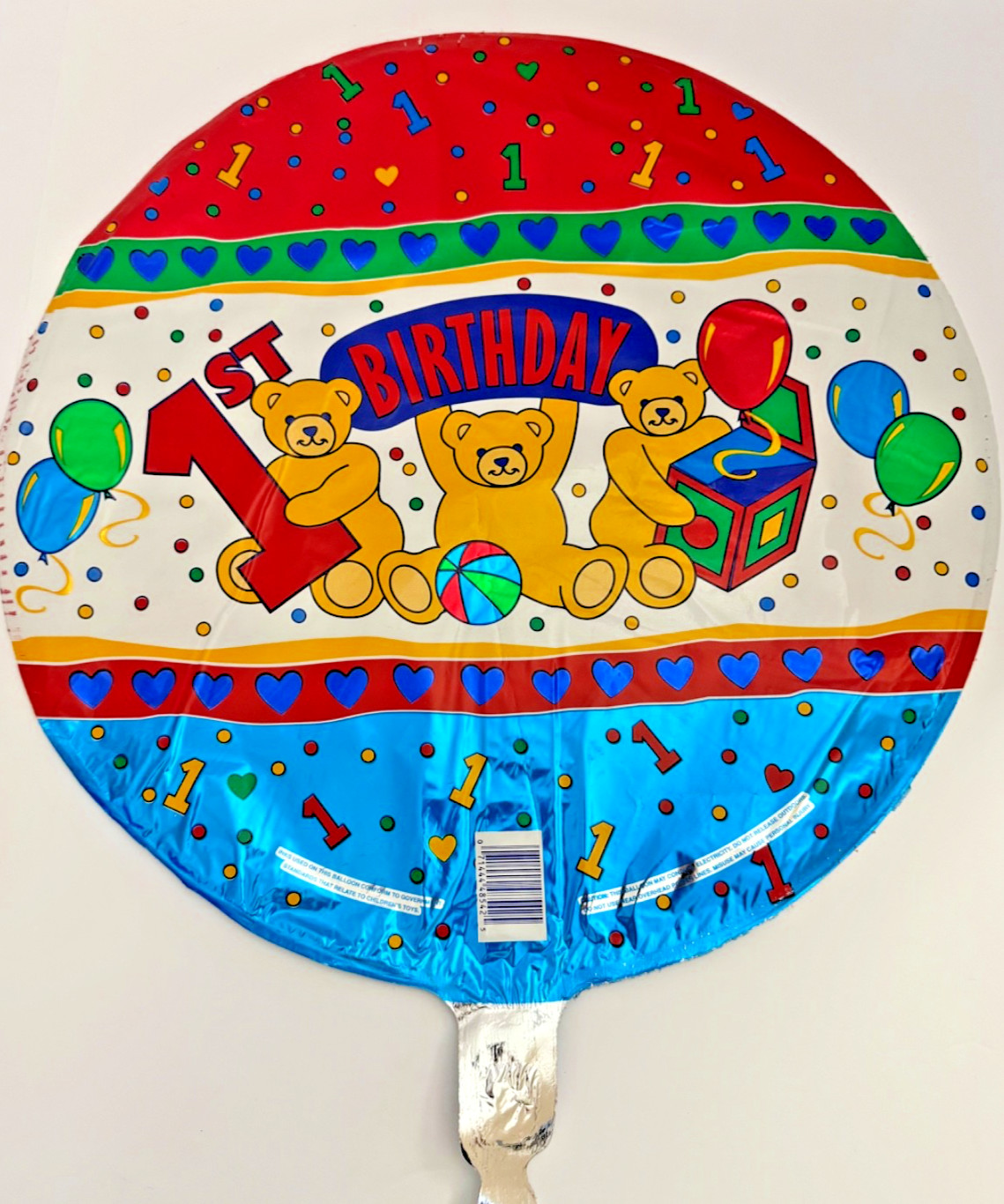 Happy 1st Birthday Foil Balloon- Bright colors – Bears- Number 1 – Party – 18″