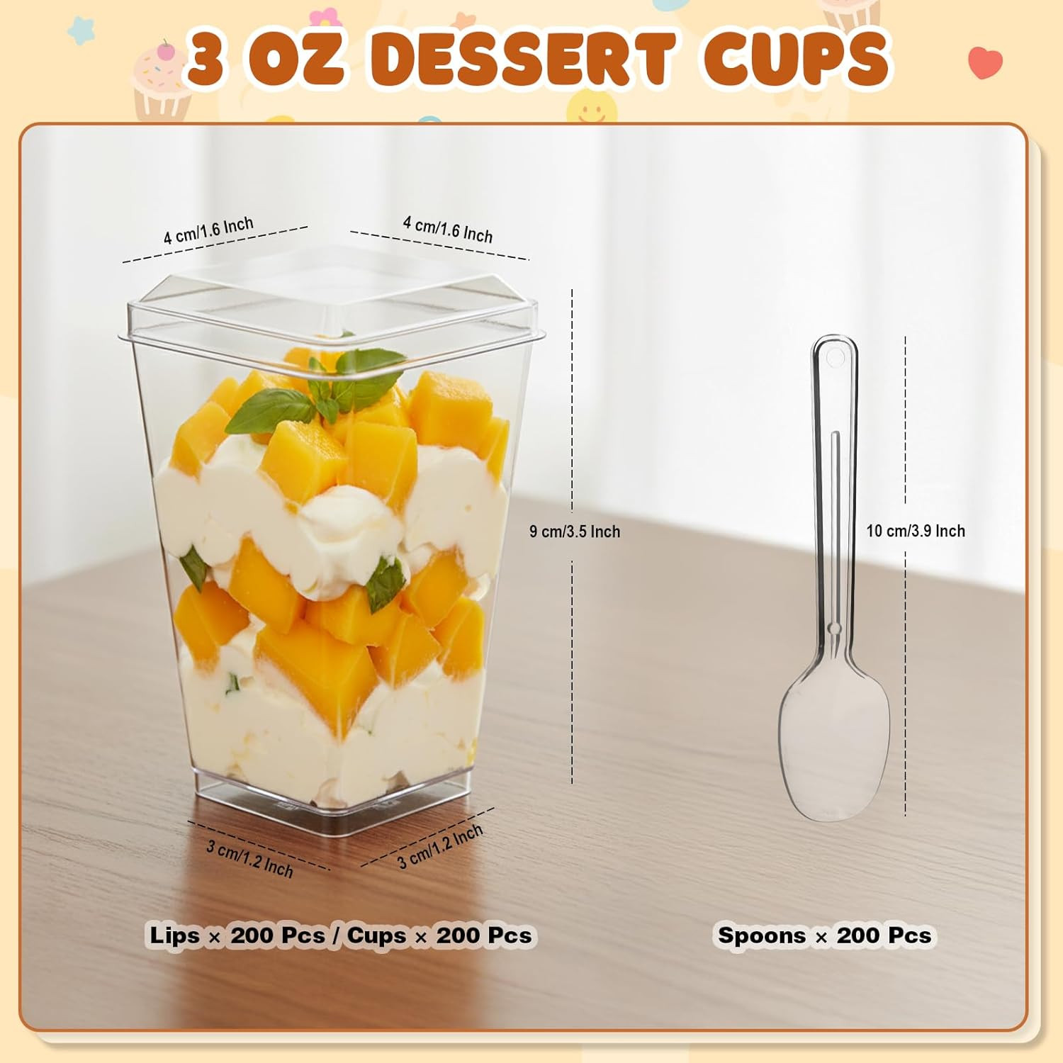 600 Pcs 3 Oz Mini Dessert Cups with Lids and Spoons, Reusable Square Appetizer,