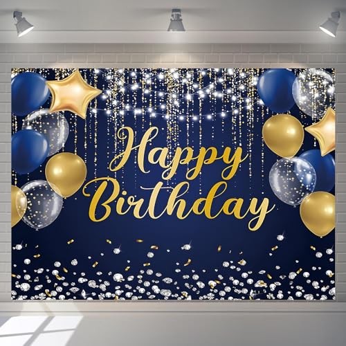 Happy Birthday Backdrop for Men Boys Navy and Gold Happy Birthday 7x5ft Blue