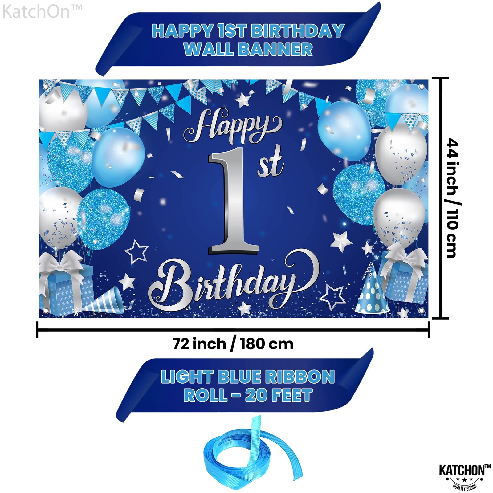 Happy 1st Birthday Banner Boy – 72×44 Inch, Xtralarge | Blue and Silver 1st Bir