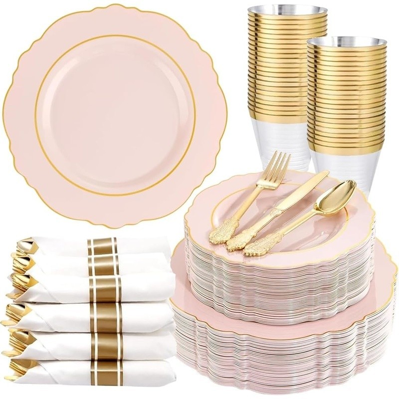 Gold Rim Disposable Plastic Plates Set Parties Events 50 Guests 150 Pieces New