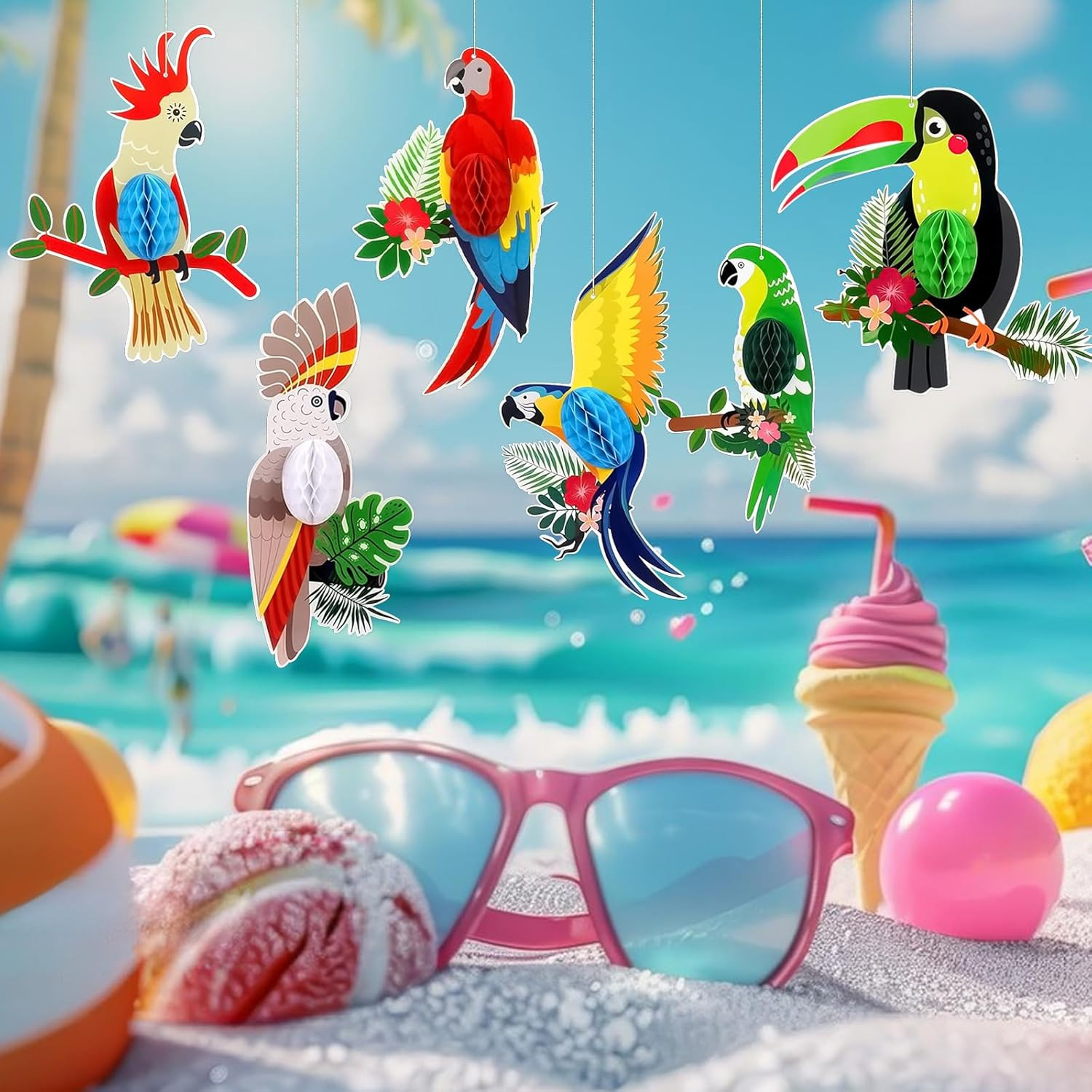 6 Pieces Tropical Birds Honeycomb Cutouts, Large Parrot Hanging Decor Parrot Hon