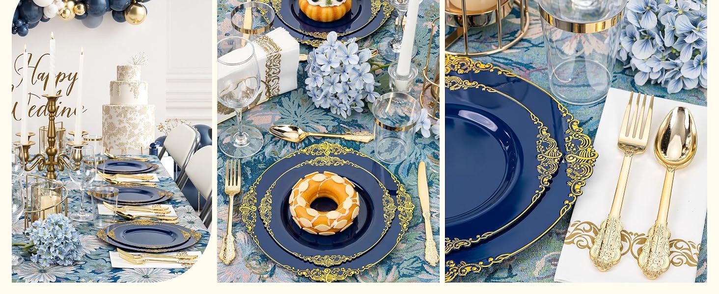 175PCS Blue Plastic Plates – Blue Gold Plastic Dinnerware Set Disposable Include