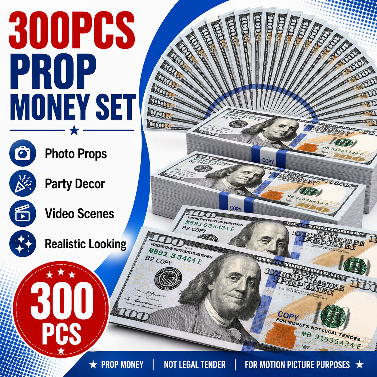 $100 Dollar Bills Prop Motion Picture Money $30,000 Total Fake Cash Movie Props