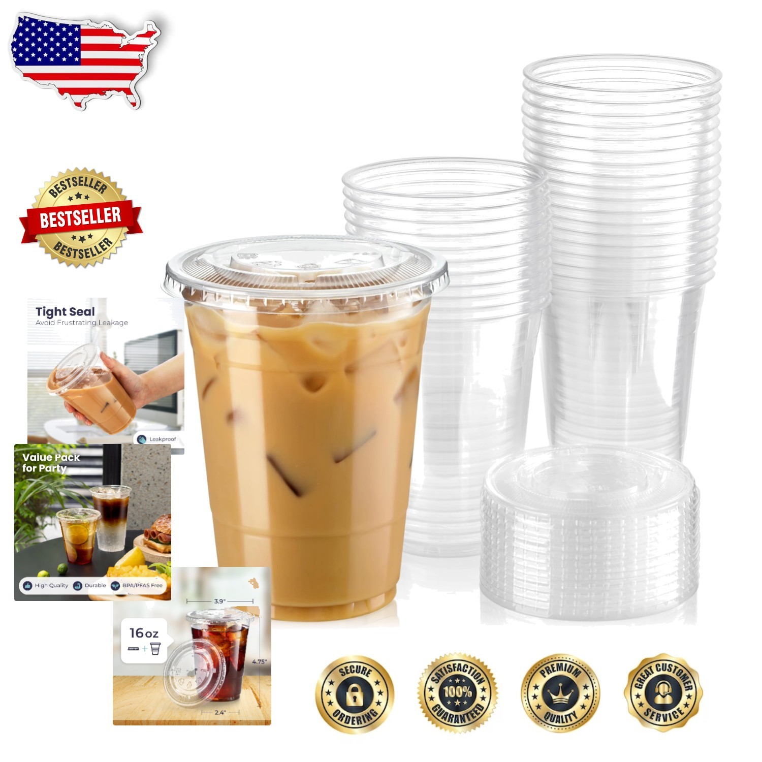 Crystal 16oz Clear Plastic Cups 600pk Flat Lids Leak Proof Durable Cold Drink