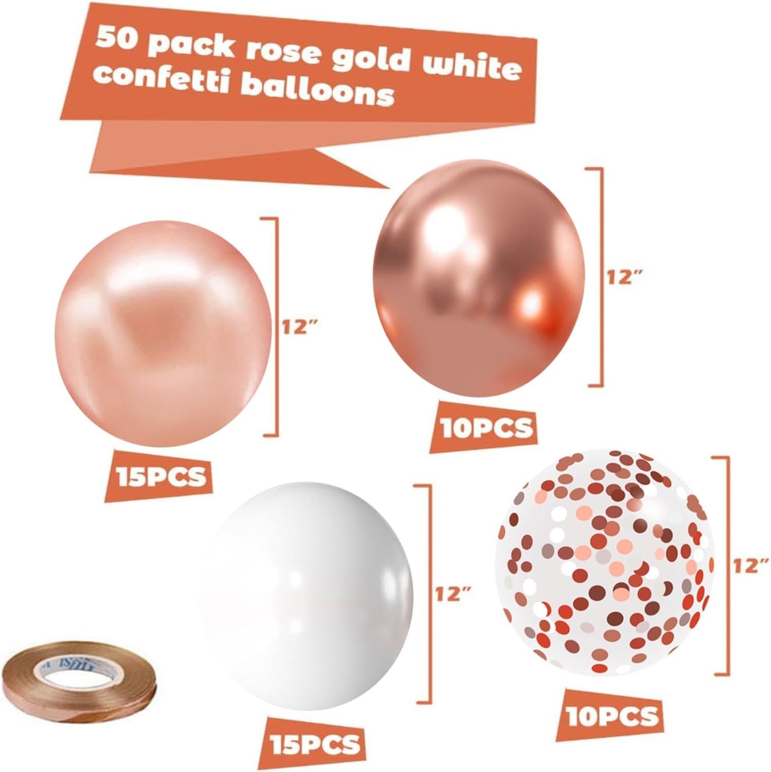 Rose Gold Confetti Balloons, 50 Pack 12 inch White and Rose Gold Latex Balloo…