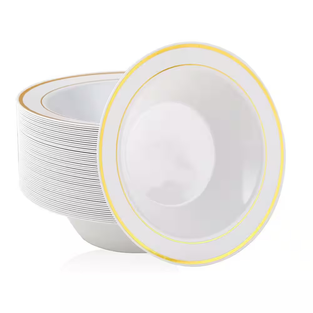 12 Fl. Oz. White Gold Rim White Plastic Dessert Salad Soup Bowls Disposable Part
