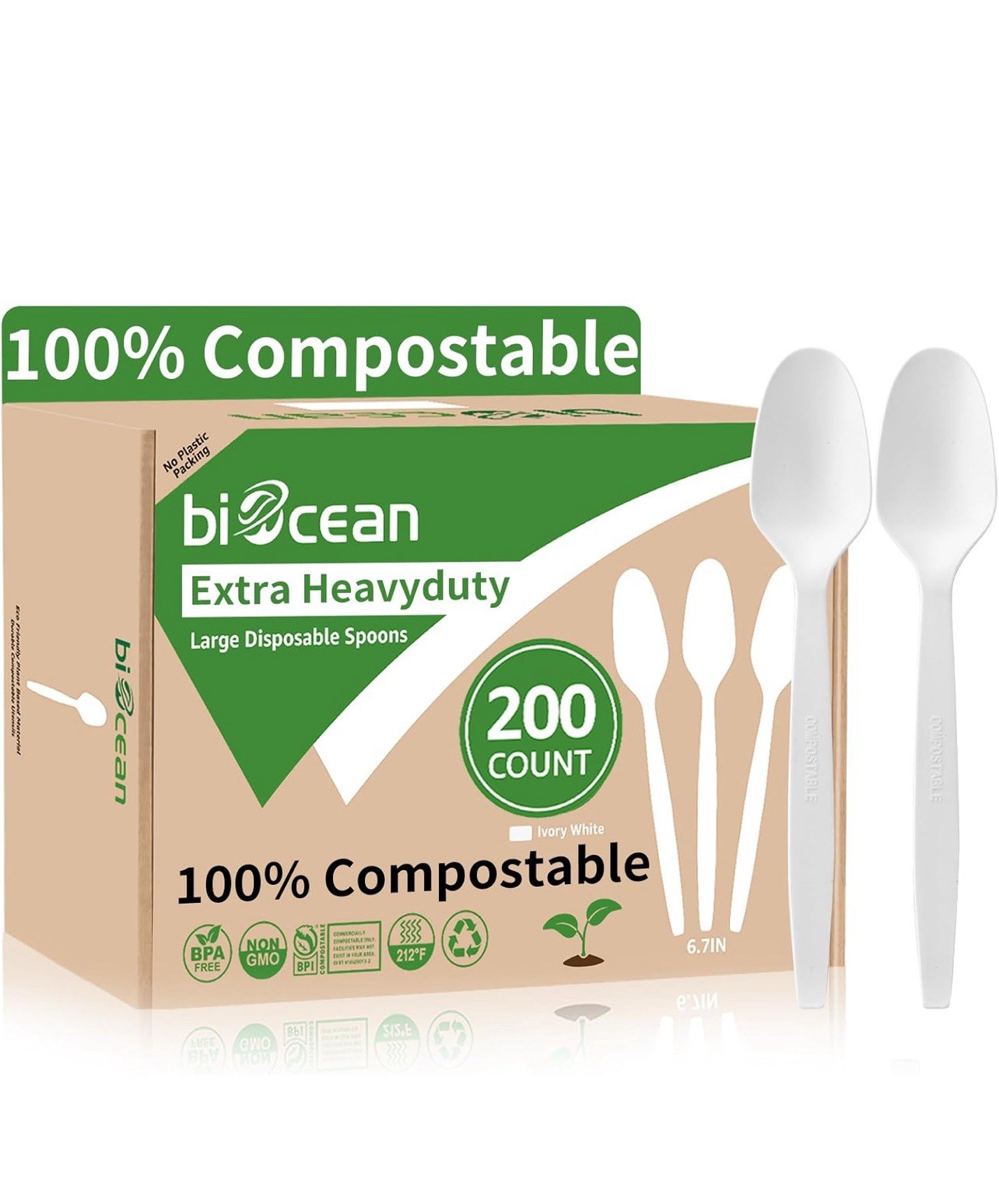 200 Compostable Spoons 6.7” Extra Heavy Duty Biodegradable Disposable Cutlery