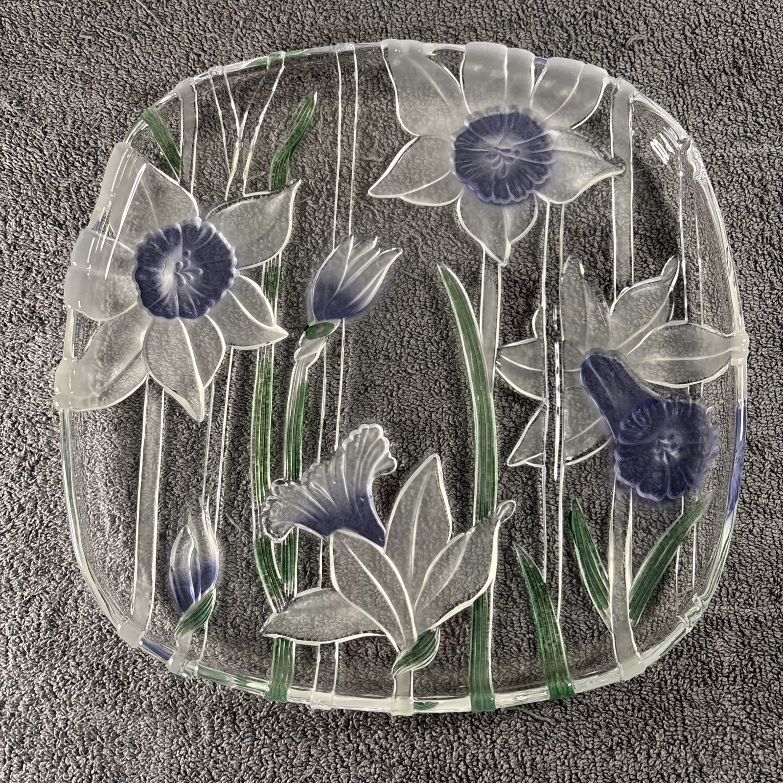 Large Mikasa ? Glass Art-Deco Charger Platter – Daffodil Blue / Clear 12″ x 12″