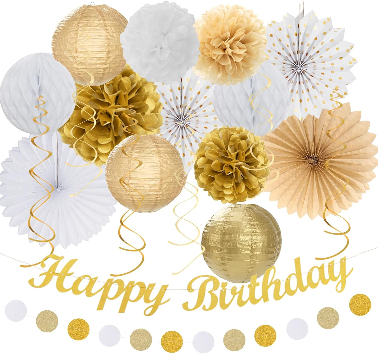 White Champagne Gold Birthday Party-Decorations – 21Pcs Happy Birthday Banner,Pa