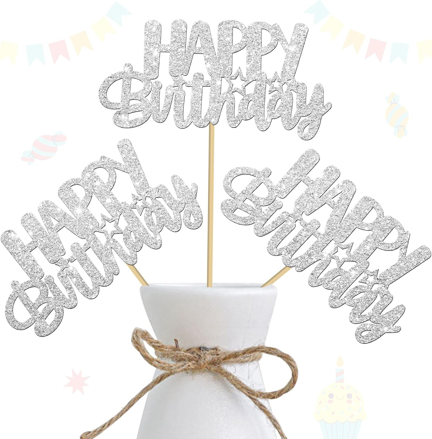 Glitter Silver Birthday Centerpiece Sticks 12PCS Happy Birthday Party Table Deco
