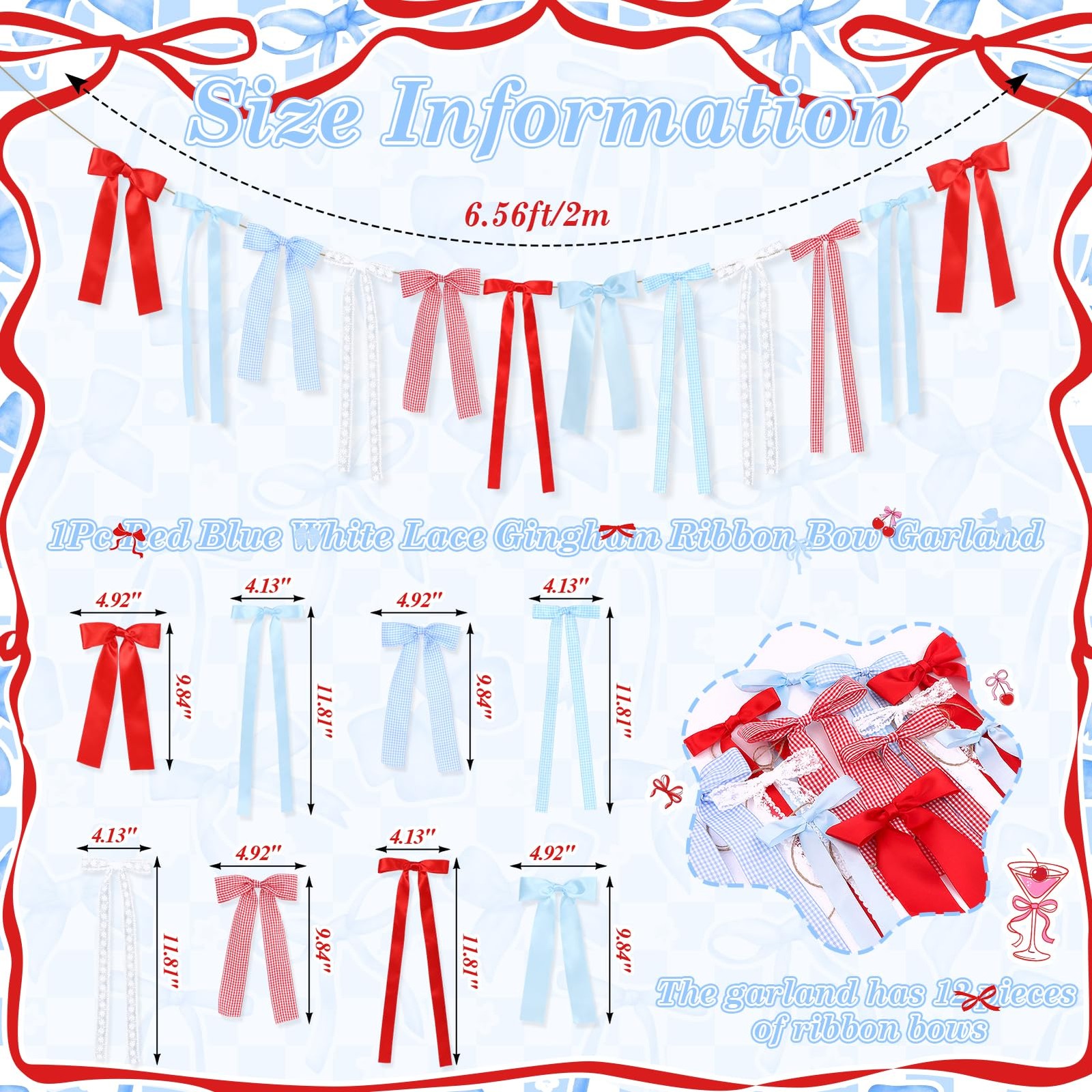 Cherry Blue Gingham Bow Garland, White Lace and Red Blue Gingham Bow Garland Ri