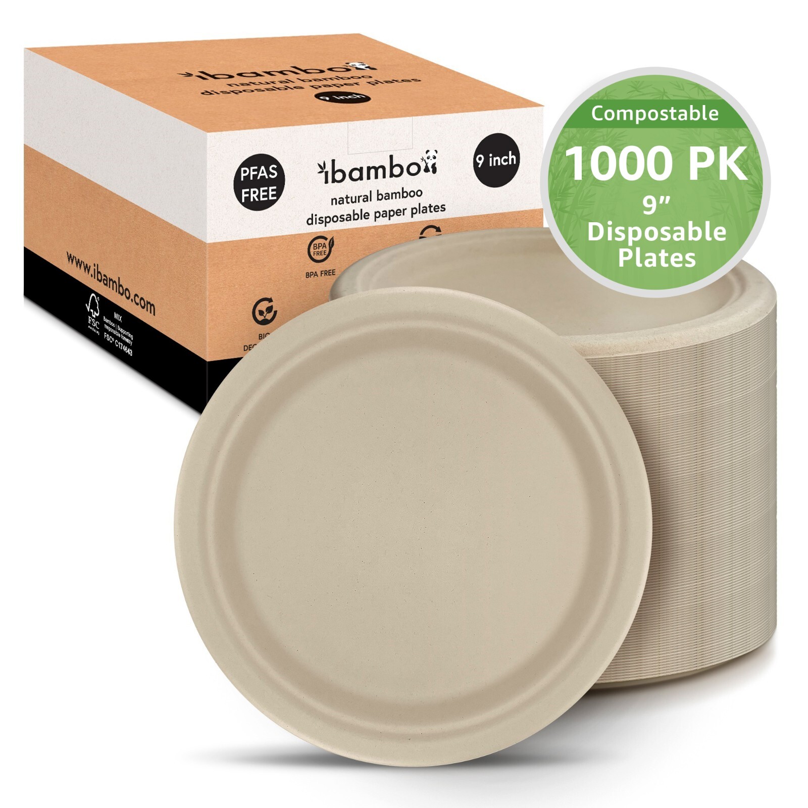 Ibambo Bamboo Disposable Paper Plates – 9 Inch, 1000 Pack, Compostable Plates