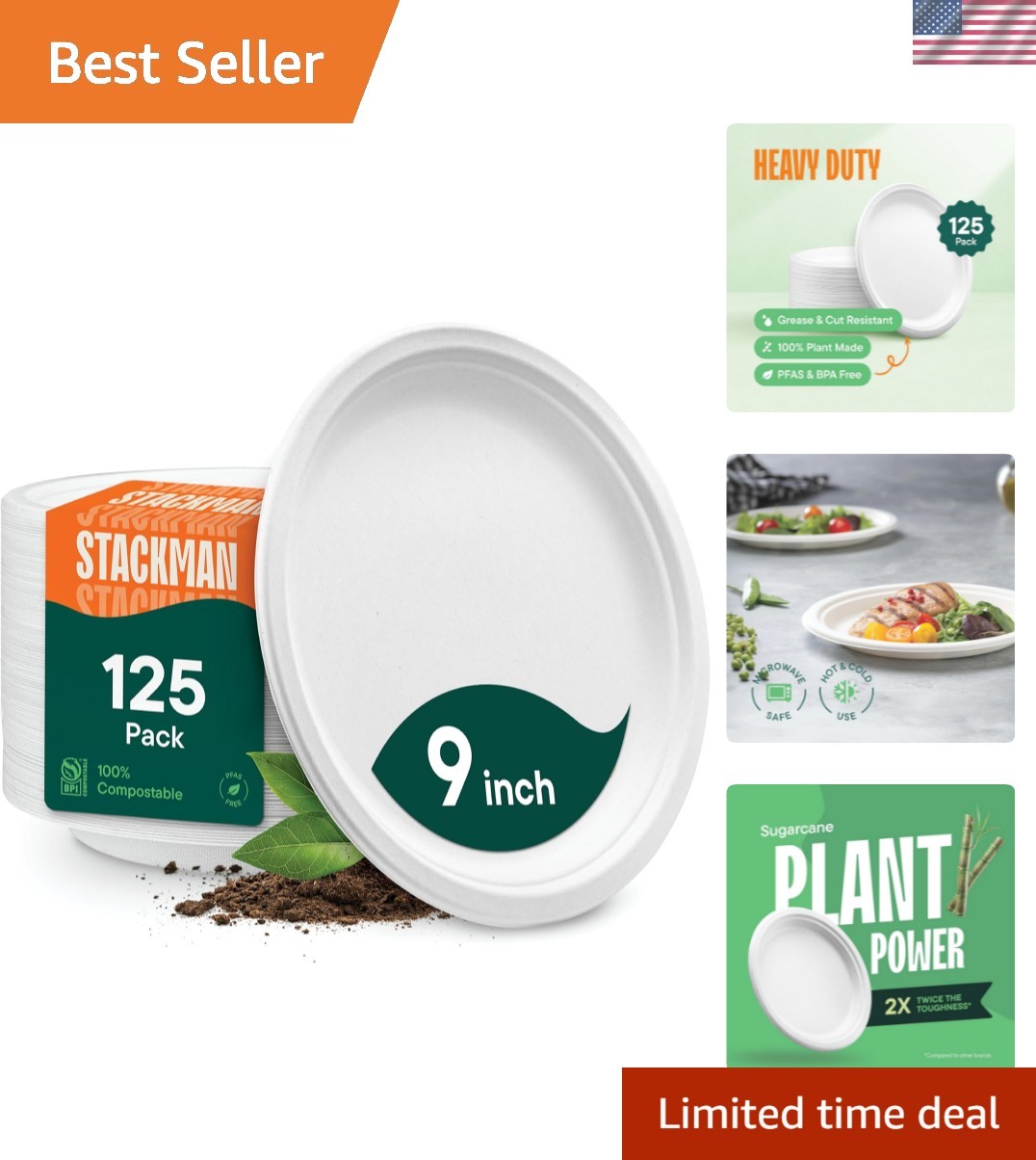 100% Compostable Paper Plates, Heavy Duty Disposable Plates [125-Pack] 9 Inch…