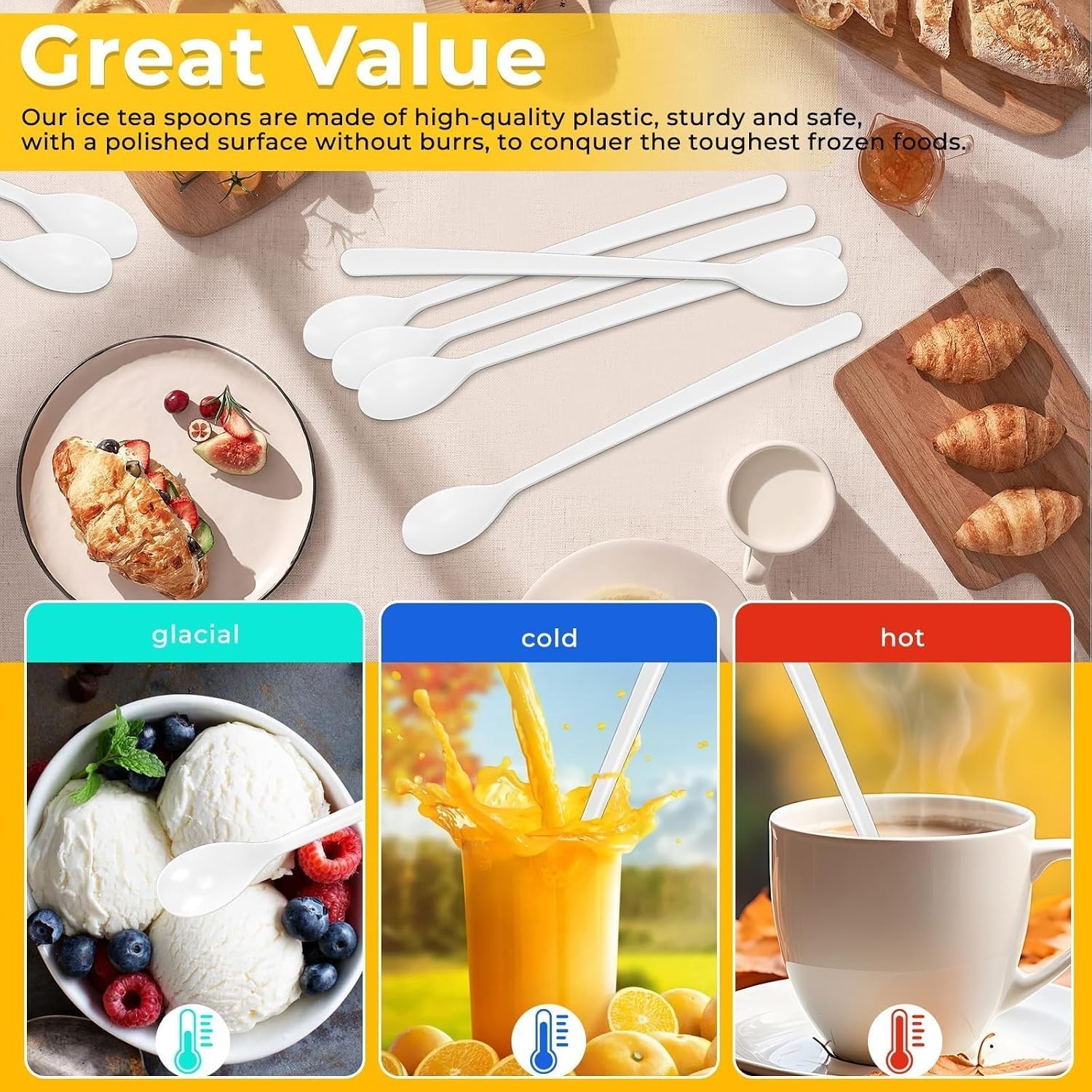 Long Handle Plastic Spoons, 100 Count Heavy Duty Disposable Sundae Spoons for