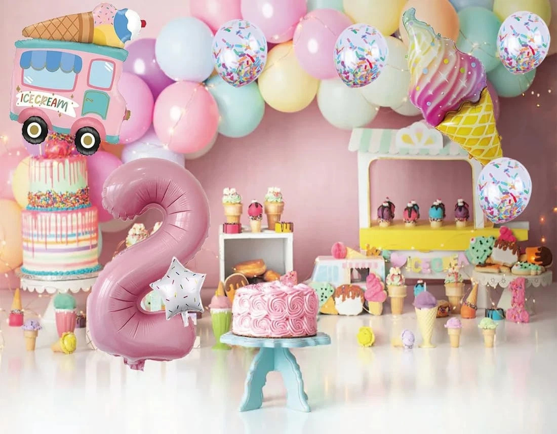 2nd Birthday Decor, Ice Cream Balloons & Cone Hat to Celebrate Your Special Girl