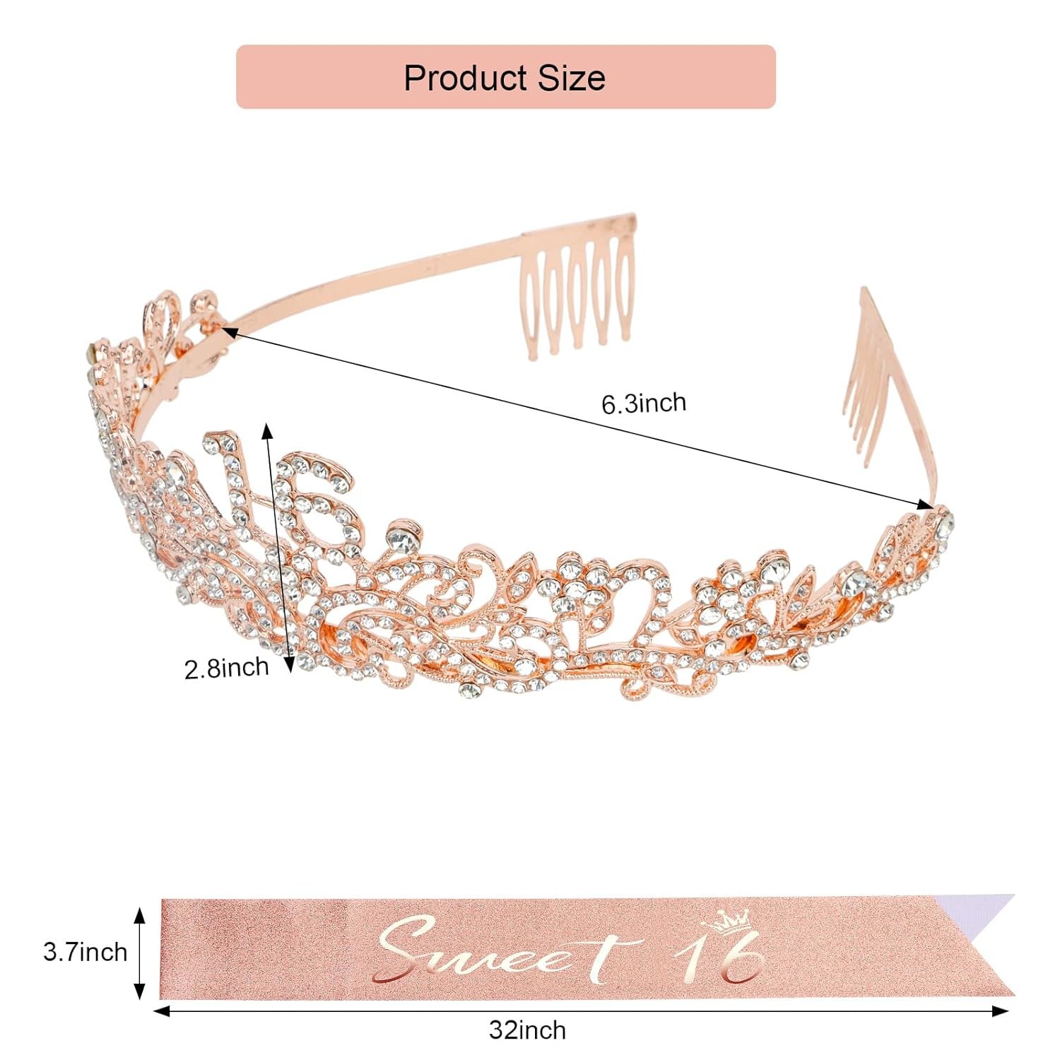 SWEET 16 ROSE GOLD BIRTHDAY CROWN / TIARA AND SASH WITH FAUX PEARL PIN NEW