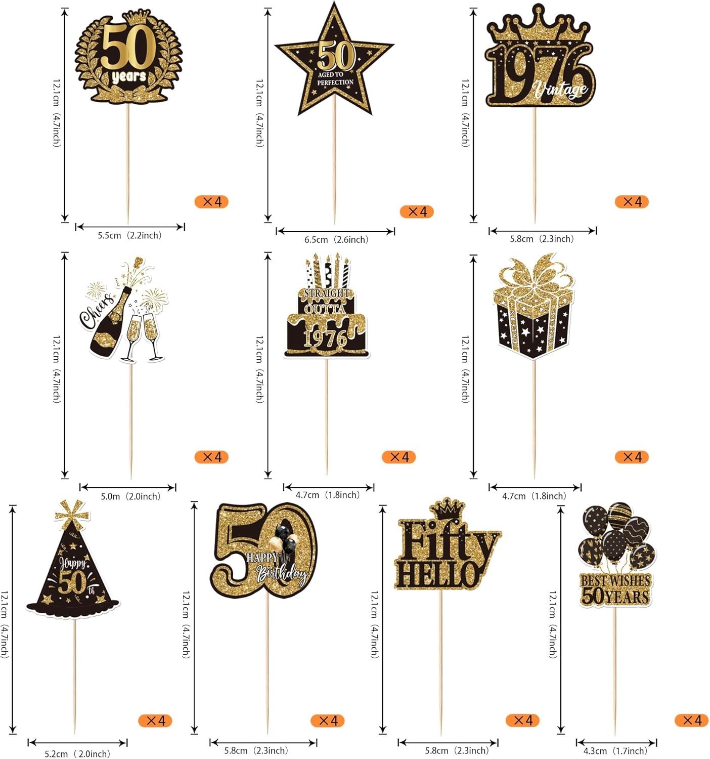 50th Birthday Cupcake Toppers 40 Pack Black Gold Decorations