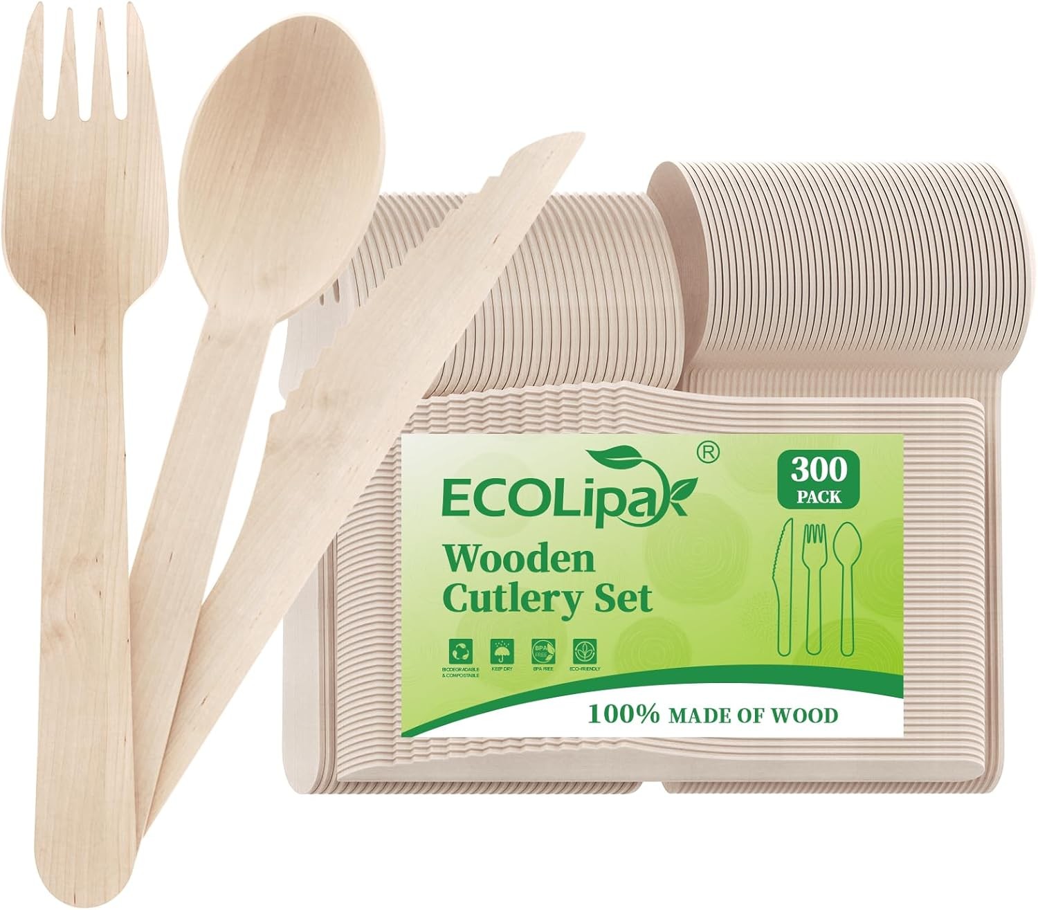 ECOLipak 300 Count Disposable Wooden Cutlery Set 100 Knives, Forks and Spoons