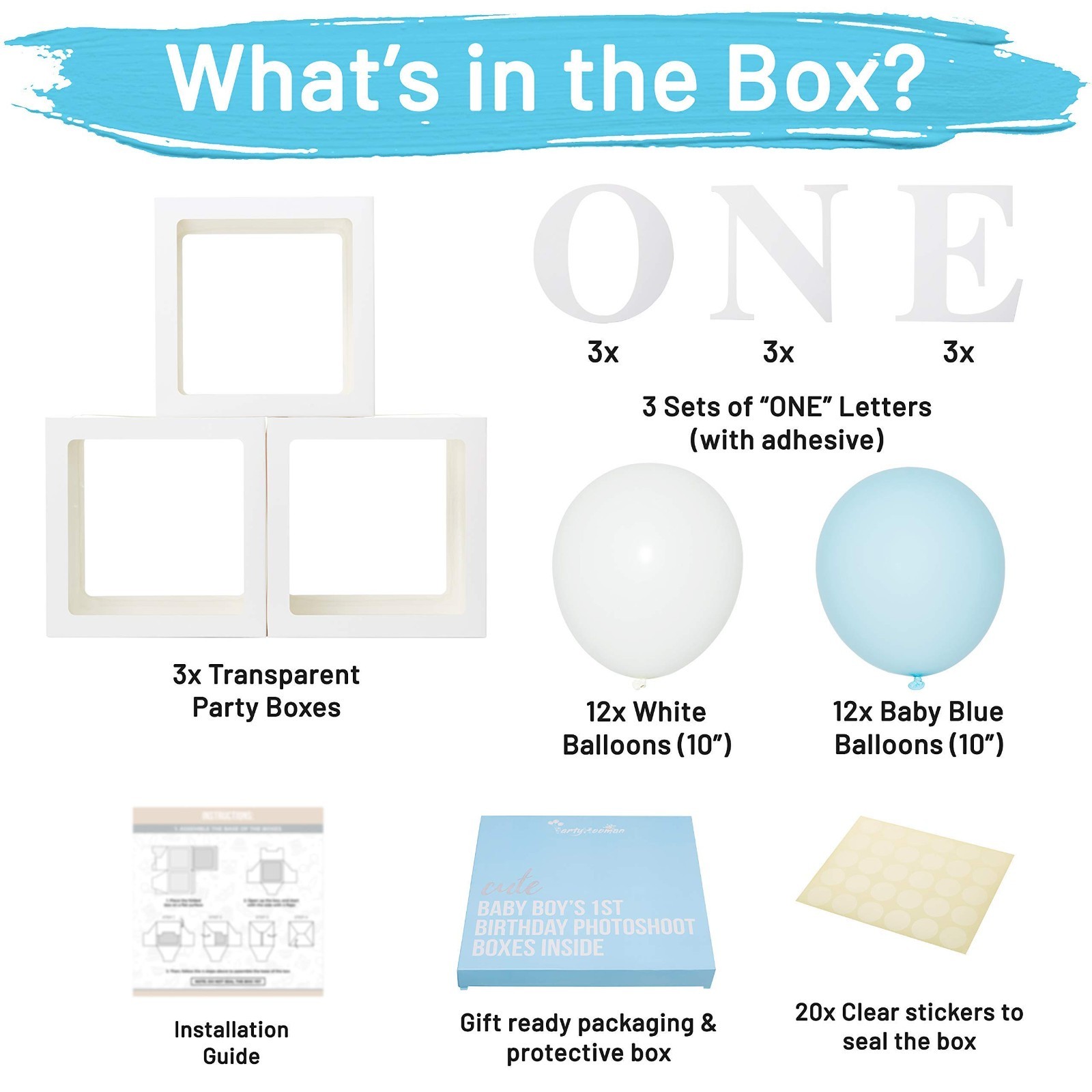 1st Birthday ‘ONE’ Boxes & 24 Balloons – Boy Cake Smash Props & Backdrop Decor