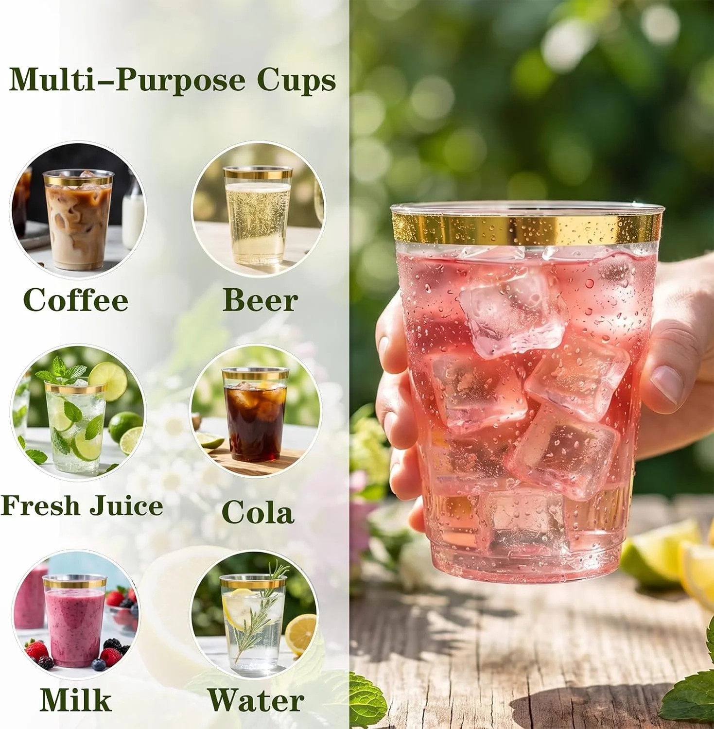 DaYammi 200 Pack Gold Plastic Cups 10 Oz Clear Cup Gold Rimmed Disposable Wine G