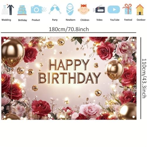 Red and Gold Happy Birthday Backdrop Banner Elegant Photography Rose Floral
