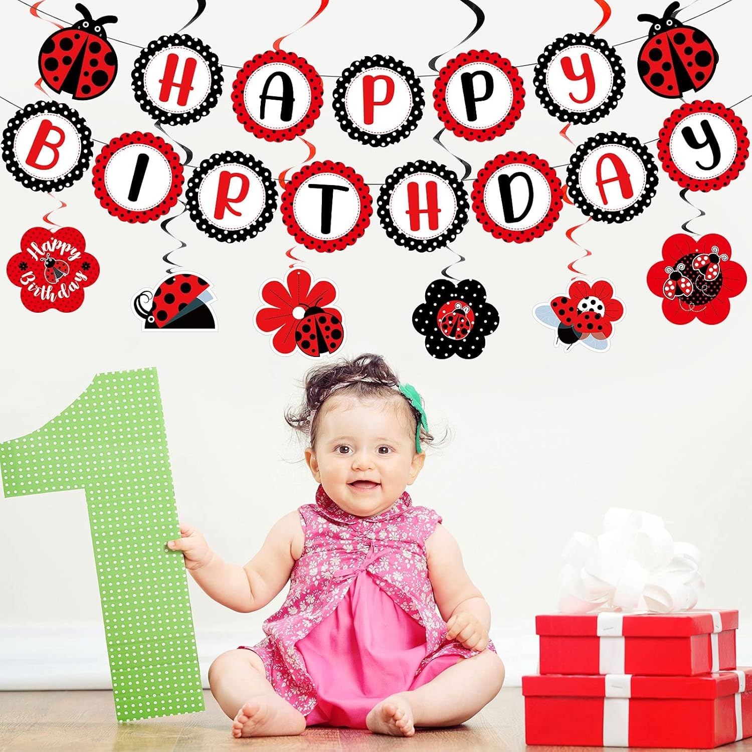Ladybug Fancy Party Decoration Kit – Cute Birthday Banner, Honeycomb Red