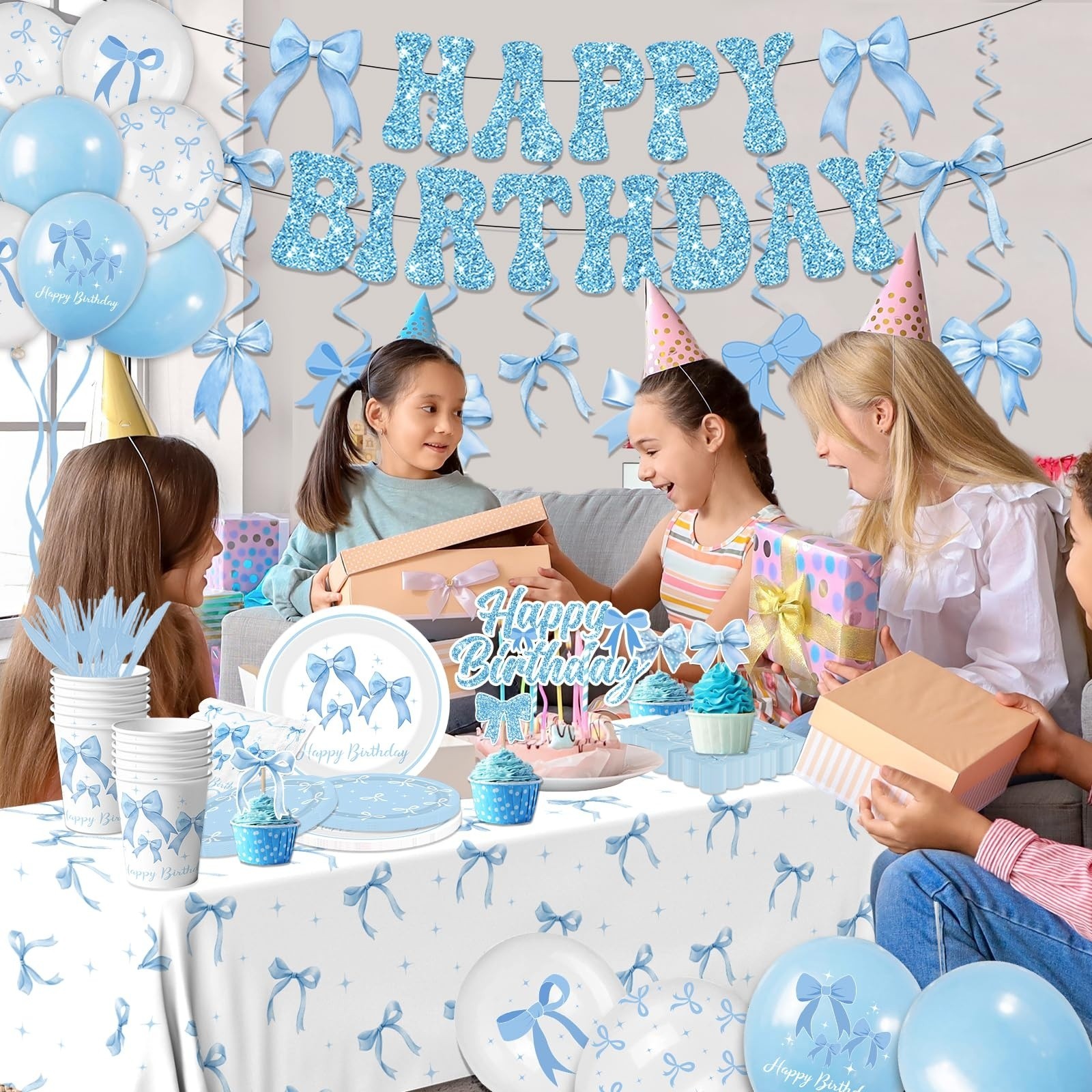 Coquette Blue Bow Party Decorations Set, 24 Pack Birthday Bridal Shower Supplies