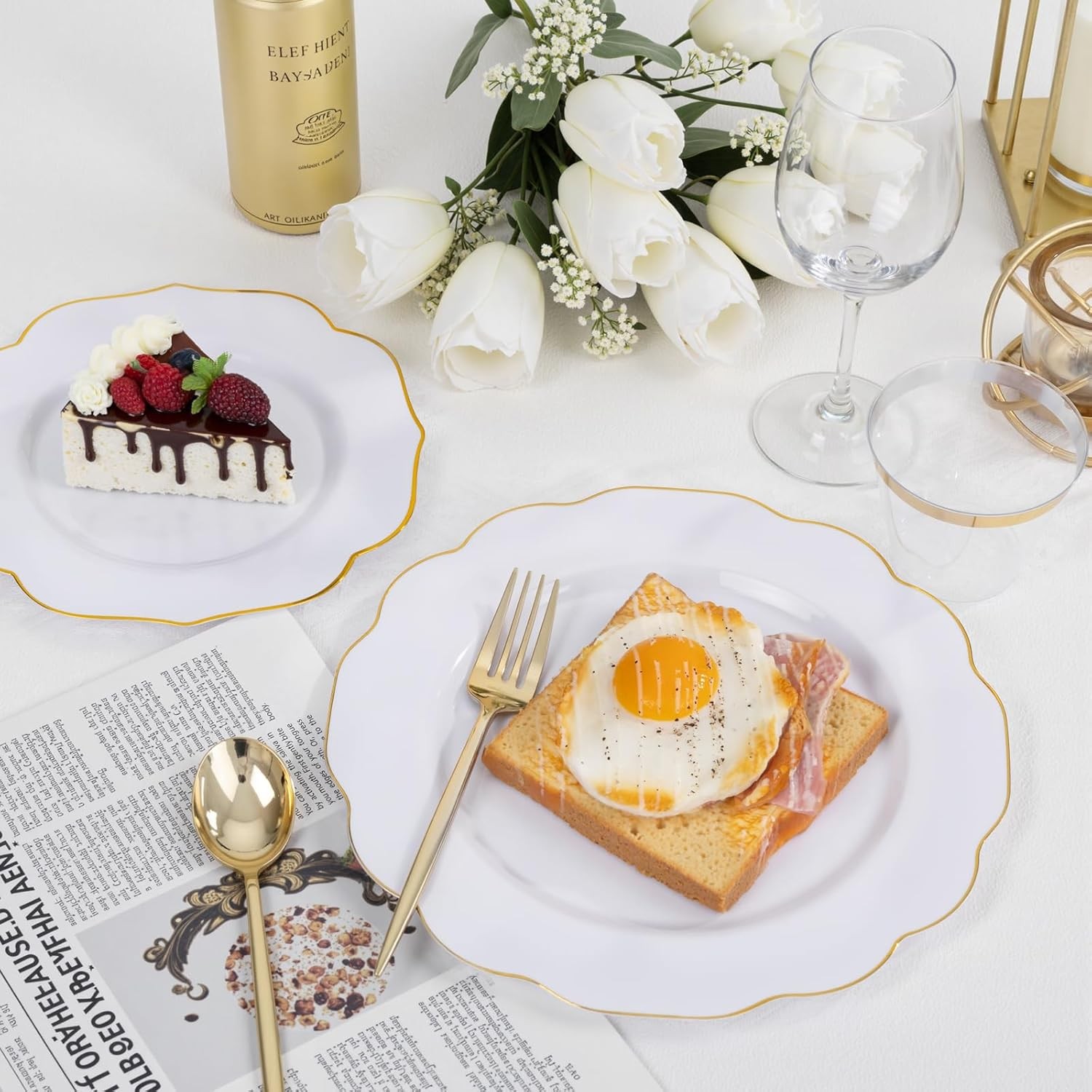 180PCS White and Gold Plastic Plates Disposable – White with