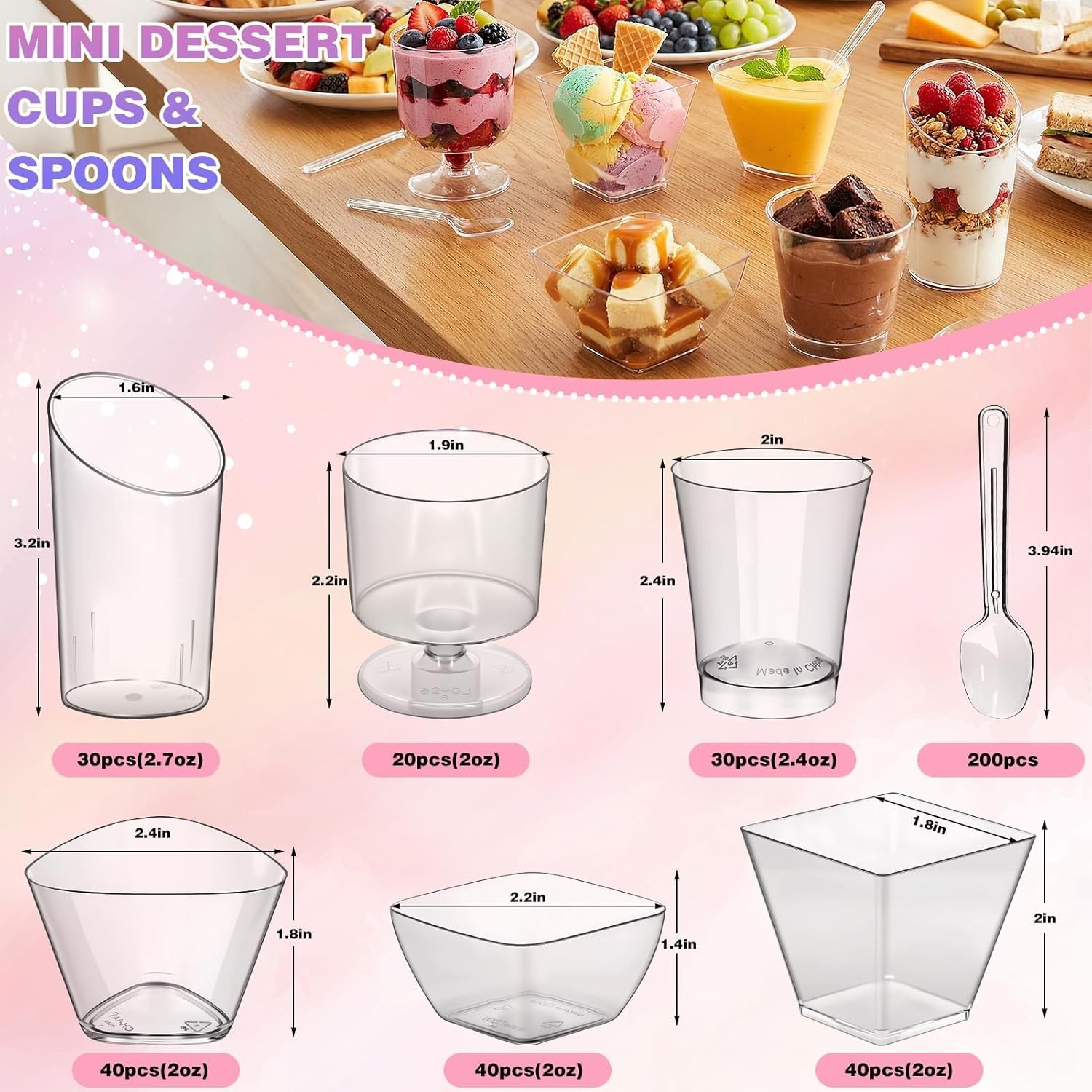 400 Pcs Mini Dessert Cups with Spoons, 6 Styles Plastic Dessert Cups, Clear V…
